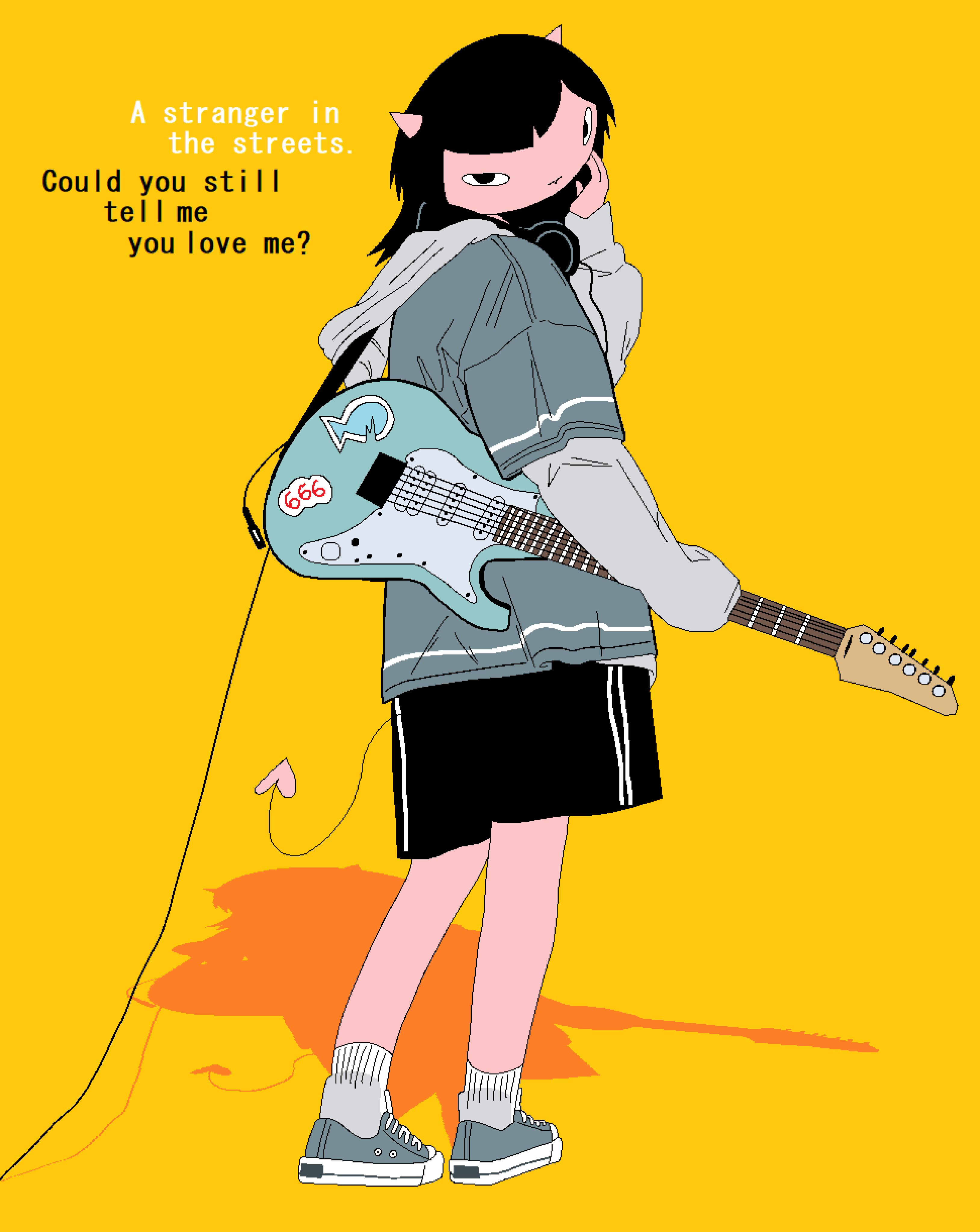 chewchewer, kappa (chewchewer), original, absurdres, commentary, english commentary, highres, microsoft paint (medium), 1girl, 666, black eyes, black hair, black shorts, blue jacket, cable, closed mouth, colored skin, demon, demon girl, demon horns, demon tail, english text, from behind, full body, guitar, headphones, headphones around neck, holding, holding guitar, holding instrument, horns, instrument, jacket, long hair, looking at viewer, red skin, shadow, shorts, simple background, solo, sticker, tail, white trim, yellow background