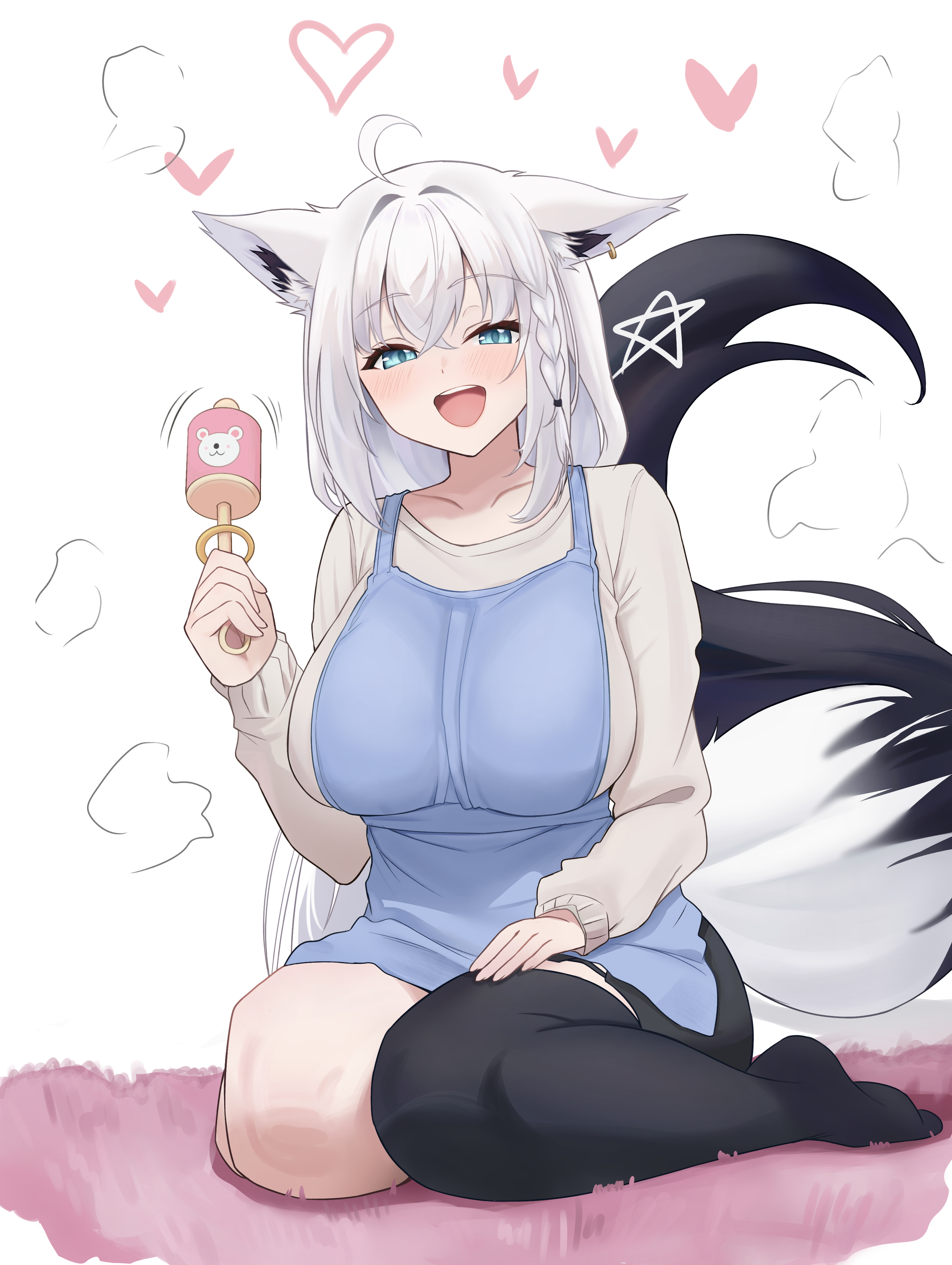 tks rkgk, shirakami fubuki, hololive, absurdres, commentary, highres, 1girl, ahoge, alternate costume, animal ears, apron, black pantyhose, blue apron, blush, breasts, fox ears, fox girl, fox tail, green eyes, grey hair, heart, holding, holding rattle, large breasts, long sleeves, looking at viewer, on floor, open mouth, pantyhose, rattle, shirt, single leg pantyhose, sitting, solo, star (symbol), tail, teeth, upper teeth only, virtual youtuber, wariza, white shirt