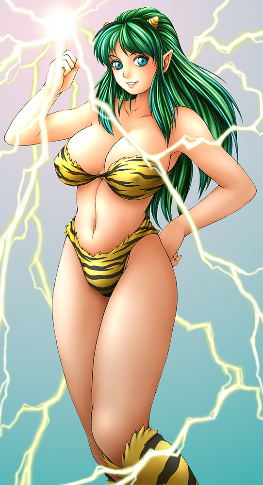 youhei kozou, lum, urusei yatsura, 1girl, alien, animal print, bikini, blue eyes, breasts, female focus, gradient background, green hair, hand on own hip, horns, large breasts, lightning, long hair, looking at viewer, navel, oni, simple background, smile, solo, swimsuit, tiger print