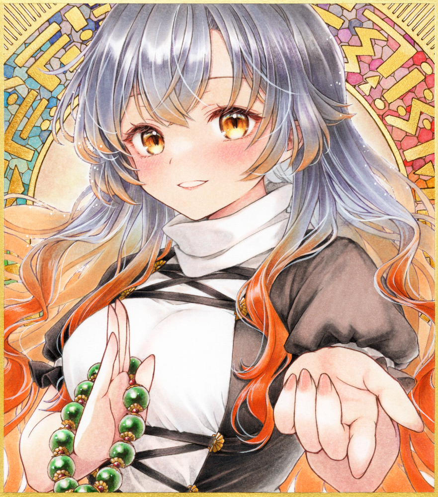 hijiri byakuren, touhou, commentary request, marker (medium), traditional media, 1girl, beads, black dress, blonde hair, blush, breasts, dress, gradient hair, large breasts, layered dress, long hair, looking at viewer, multicolored hair, prayer beads, purple hair, red hair, s.mamiya, smile, solo, white dress, yellow eyes