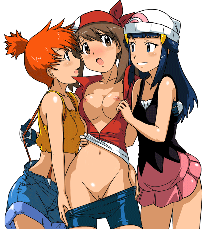 takaya n, dawn (pokemon), may (pokemon), misty (pokemon), nintendo, pokemon, third-party edit, 3girls, assisted exposure, bandana, beanie, bike shorts, bike shorts pull, blue eyes, blue hair, blush, breasts, brown eyes, brown hair, cleft of venus, clitoris, clothes pull, crop top, denim, denim shorts, eye contact, fff threesome, girl sandwich, gloves, grabbing another's breast, groin, groping, group sex, gym leader, hat, latex, long hair, looking at another, medium breasts, midriff, multiple girls, narrow waist, naughty face, navel, nipples, no bra, no panties, open clothes, open mouth, open shirt, orange hair, pants, pants pull, pulling another's clothes, pussy, sandwiched, shirt, shorts, shorts pull, side ponytail, smile, standing, suspenders, tank top, threesome, uncensored, undressing, yuri
