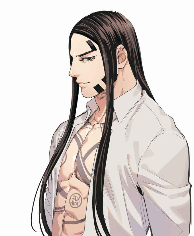 foxvulpine, oosawa fusatarou, golden kamuy, commentary request, 1boy, beard, black hair, chest tattoo, closed mouth, collarbone, collared shirt, eyelashes, facial hair, long hair, looking at viewer, male focus, mature male, muscular, muscular male, open clothes, open shirt, pectorals, shirt, simple background, solo, tattoo, thick eyebrows, upper body, very long hair, white background, white shirt