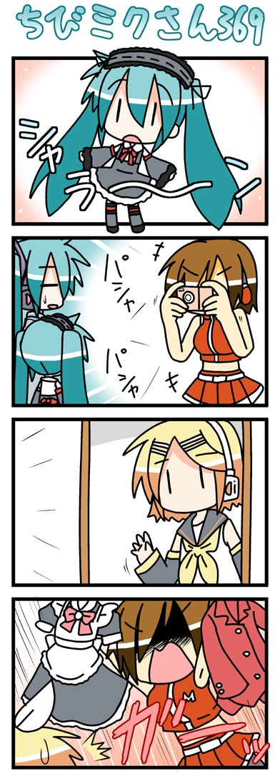 minami (colorful palette), chibi miku, hatsune miku, kagamine rin, meiko (vocaloid), vocaloid, long image, tall image, 4koma, = =, aqua hair, blonde hair, brown hair, camera, chibi, comic, cosplay, detached sleeves, hair ornament, hairclip, headphones, long hair, short hair, silent comic, twintails, very long hair, | |