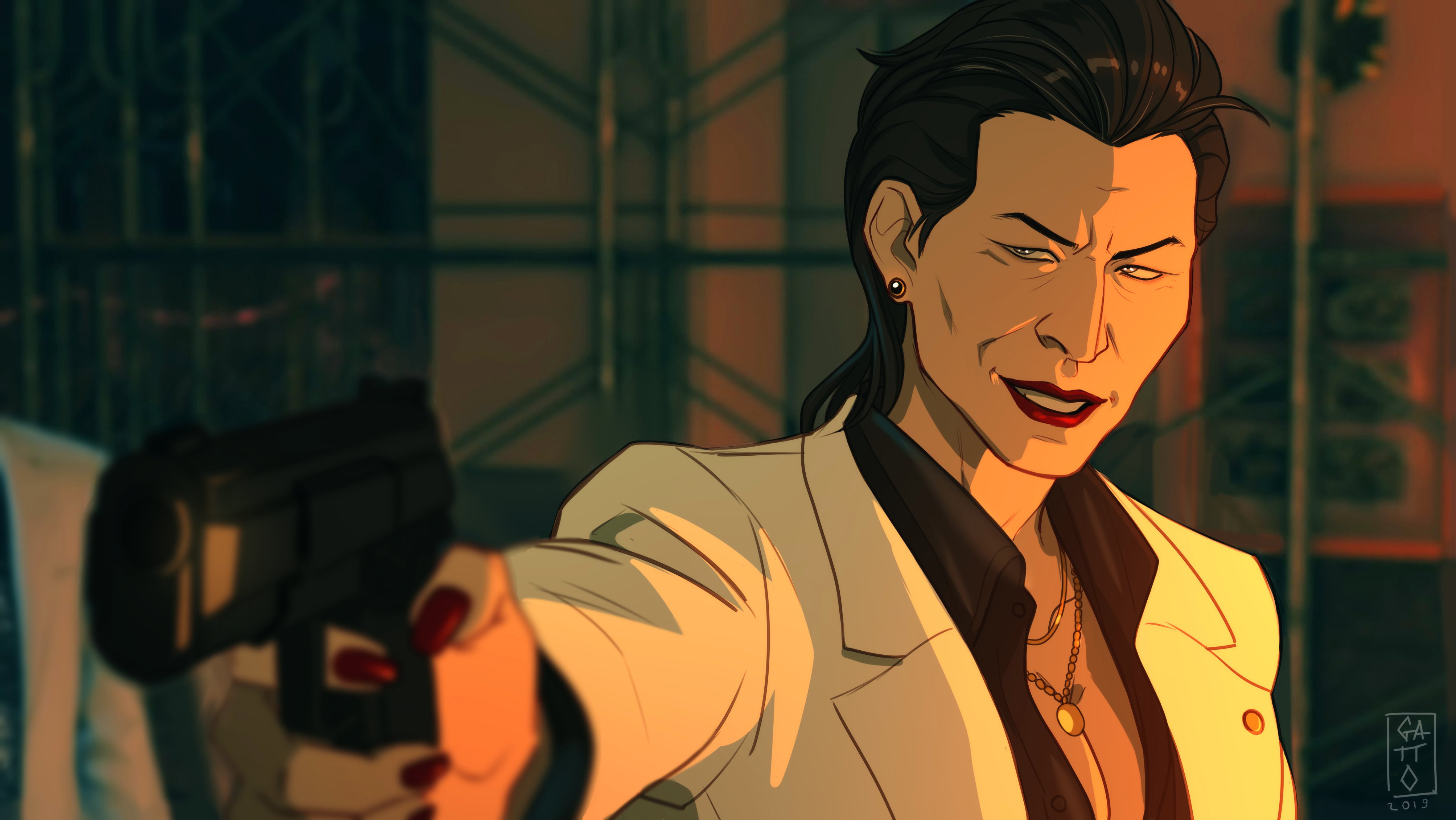 teppn (gattobamboom), judge eyes, absurdres, commentary, english commentary, highres, 1girl, black hair, blurry, breasts, chain, chain necklace, cleavage, depth of field, earrings, genderswap, genderswap (mtf), gun, hair slicked back, hamura kyouhei, holding, holding gun, holding weapon, jacket, jewelry, long hair, necklace, old, old woman, red nails, solo, stud earrings, suit jacket, weapon, white jacket