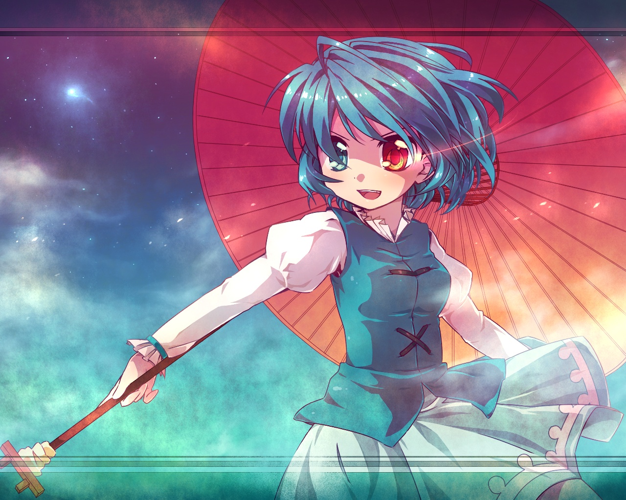hanesaki nekome, nukome, tatara kogasa, touhou, >:), 1girl, :d, blue eyes, blue hair, eye trail, female focus, glowing, glowing eyes, heterochromia, karakasa obake, light trail, matching hair/eyes, oil-paper umbrella, open mouth, red eyes, short hair, sky, smile, solo, star (sky), starry sky, umbrella, v-shaped eyebrows