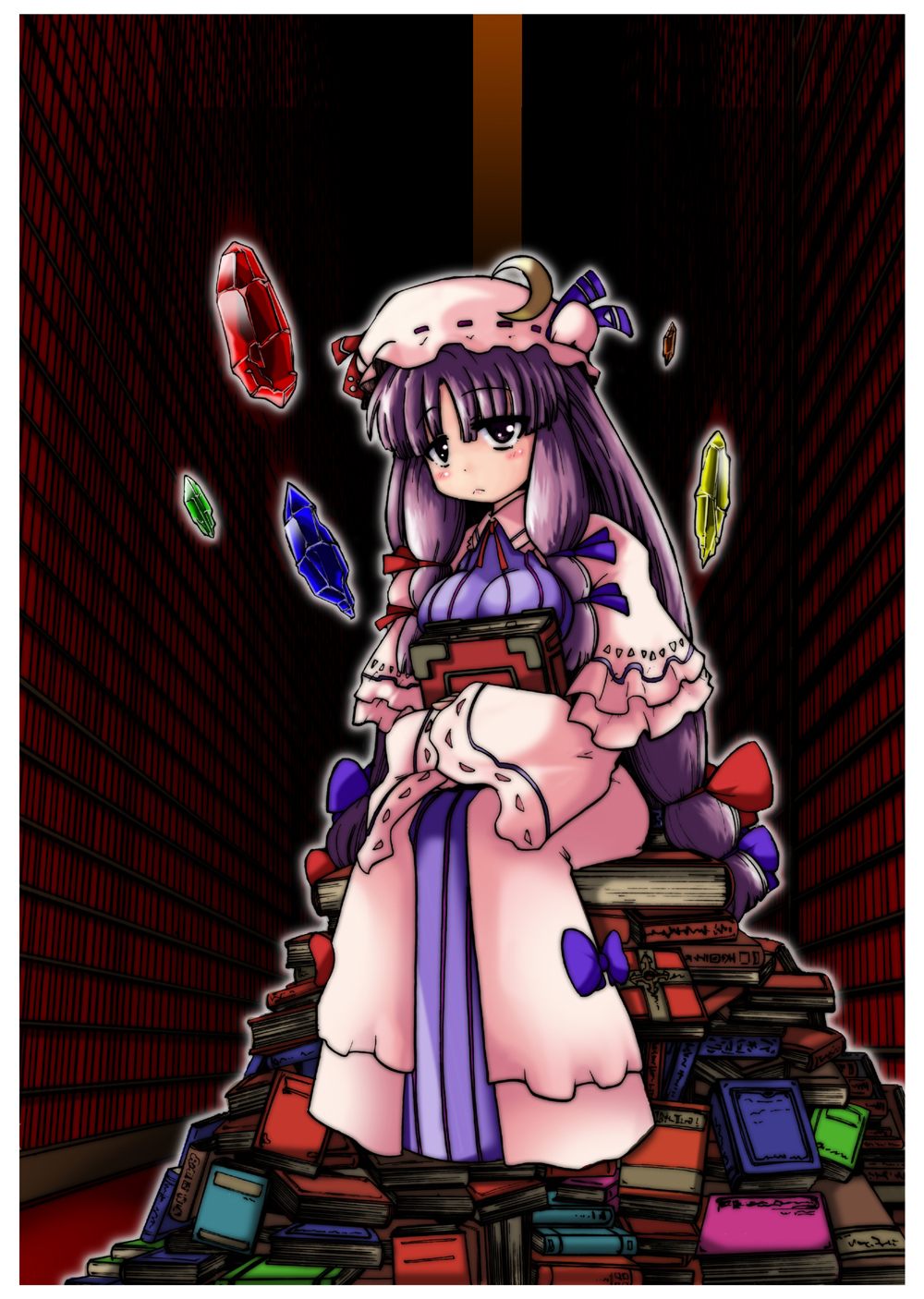 eruichi (redphantom), red phantom, patchouli knowledge, touhou, highres, 1girl, book, crystal, female focus, hat, library, long hair, purple eyes, purple hair, solo, voile