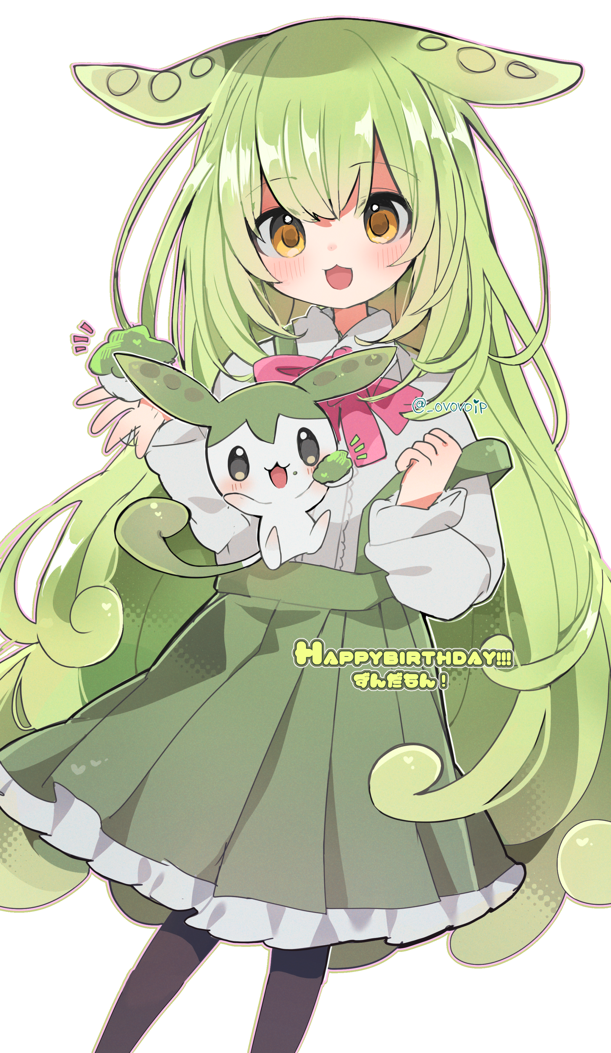 shirasuame shiromaru, ojou-sama zundamon, zundamon, voicevox, absurdres, commentary request, highres, 1girl, :3, animal ears, black pantyhose, brown eyes, character name, collared shirt, green hair, green skirt, happy birthday, long hair, long sleeves, looking at viewer, notice lines, open mouth, pantyhose, pleated skirt, shirt, simple background, skirt, strap slip, suspender skirt, suspenders, very long hair, white background, white shirt