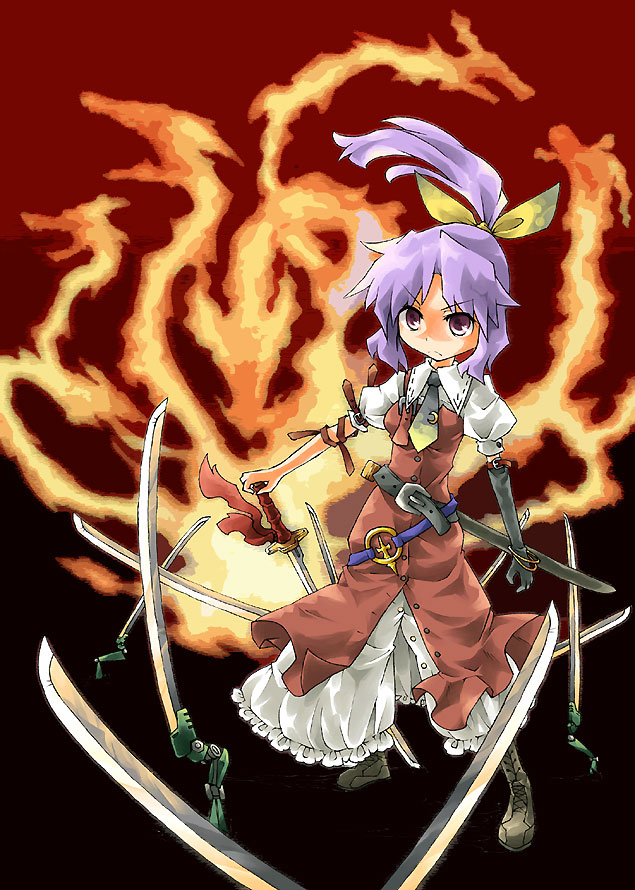 ara ta, harada (sansei rain), watatsuki no yorihime, silent sinner in blue, touhou, touhou bougetsushou, bad id, bad pixiv id, 1girl, belt, boots, bow, bracelet, elbow gloves, female focus, gloves, hair bow, jewelry, katana, long hair, ponytail, purple eyes, purple hair, solo, sword, weapon