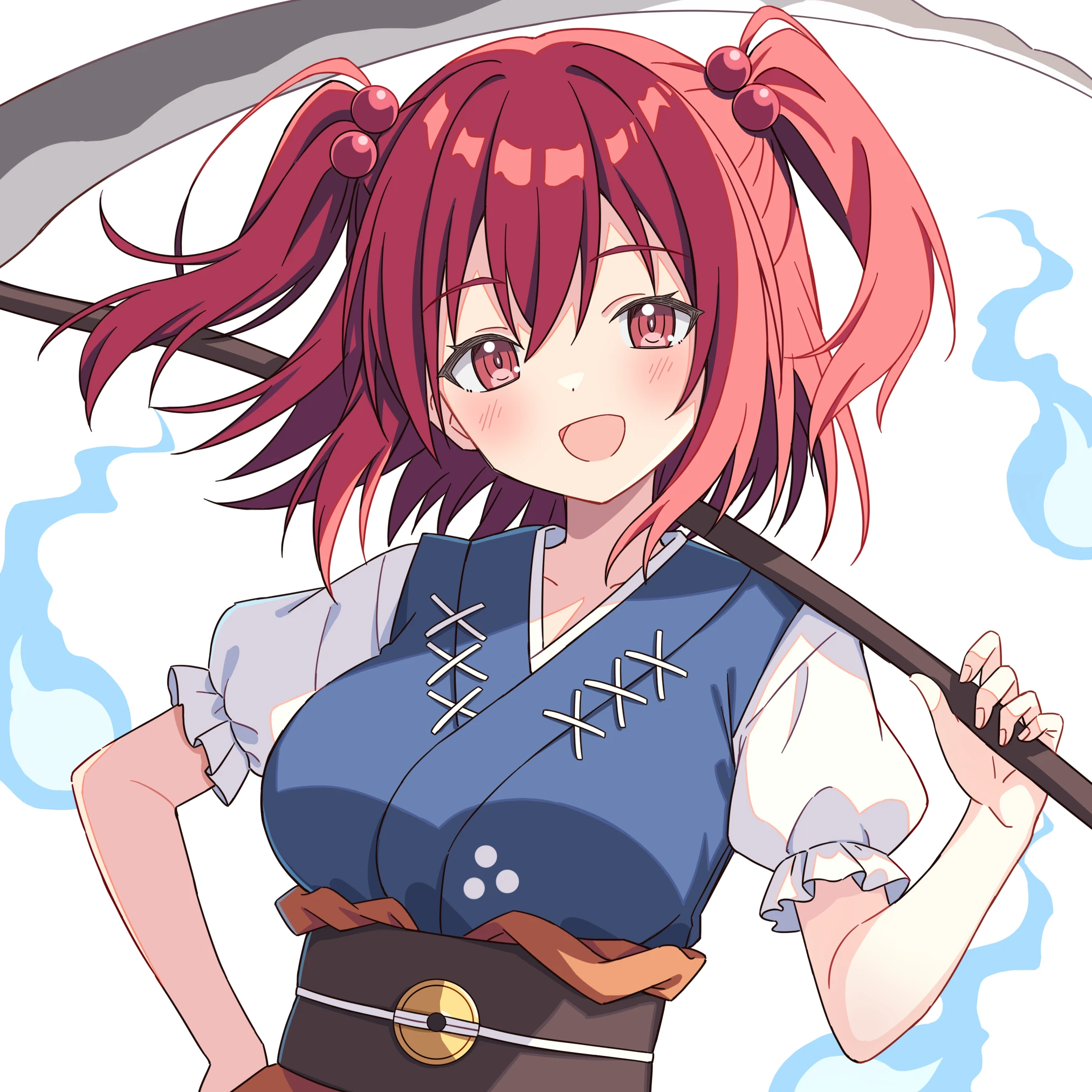 setteiset, onozuka komachi, touhou, commentary, highres, symbol-only commentary, 1girl, :d, blue dress, blush, breasts, brown sash, coin, coin on string, dress, hair bobbles, hair ornament, holding, holding scythe, large breasts, looking at viewer, medium hair, obi, open mouth, red eyes, red hair, sash, scythe, short sleeves, smile, solo, two side up, upper body