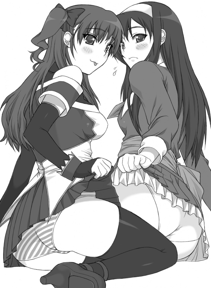 shichimenchou, morikawa yuki, ogata rina, white album, white album (series), 2girls, blush, clothes lift, greyscale, hairband, long hair, monochrome, multiple girls, panties, ribbon, simple background, skirt, skirt lift, striped clothes, striped panties, thighhighs, tongue, underwear, white panties