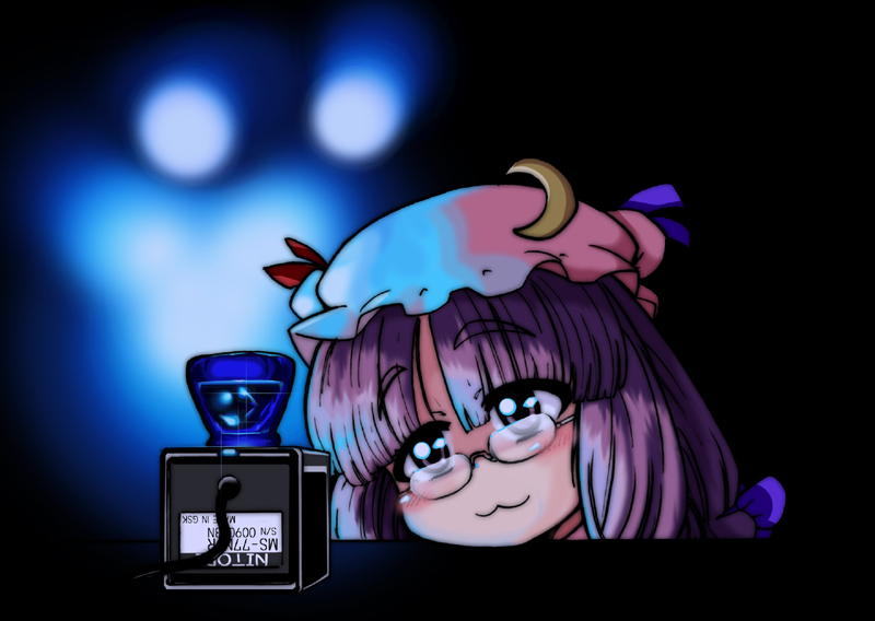 eruichi (redphantom), red phantom, patchouli knowledge, touhou, eyebrows, 1girl, :3, bespectacled, blunt bangs, bow, crescent, female focus, glasses, hair bow, happy, hat, hat bow, long hair, purple eyes, purple hair, solo, sparkle, upside-down
