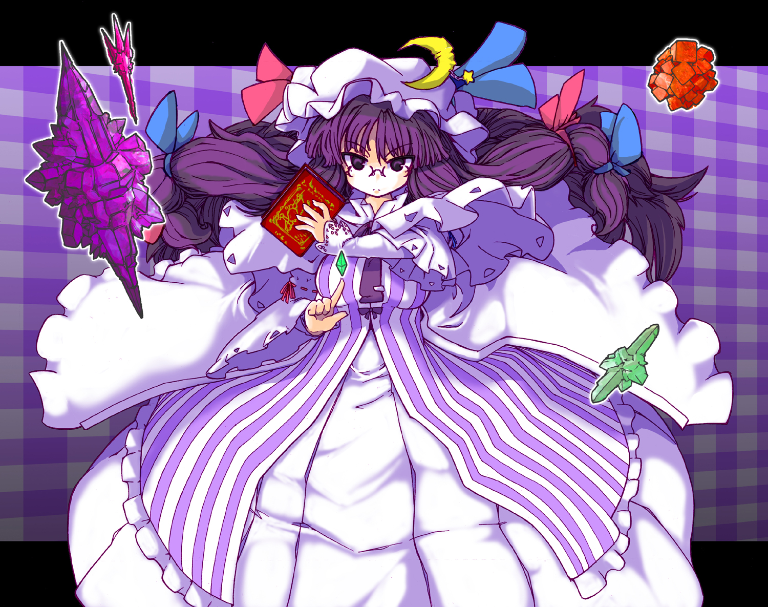 eruichi (redphantom), red phantom, patchouli knowledge, touhou, 1girl, bespectacled, book, crystal, female focus, glasses, hat, long hair, purple eyes, purple hair, solo