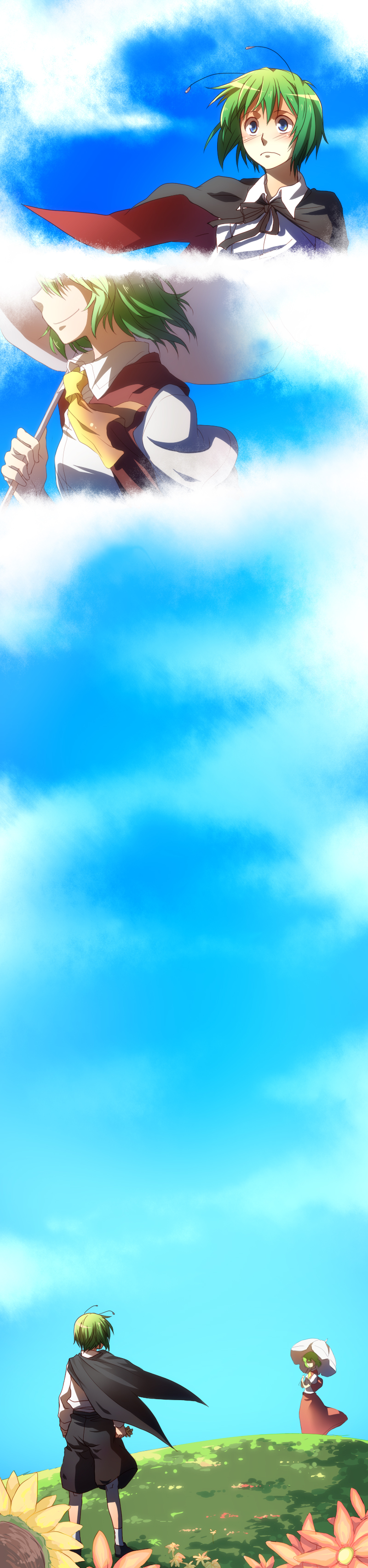 re ghotion, kazami yuuka, wriggle nightbug, touhou, absurdres, bad id, bad pixiv id, highres, long image, tall image, 2girls, antennae, ascot, blue eyes, blush, cape, comic, day, female focus, flower, green hair, meadow, multiple girls, parasol, short hair, silent comic, sky, sunflower, umbrella, vest