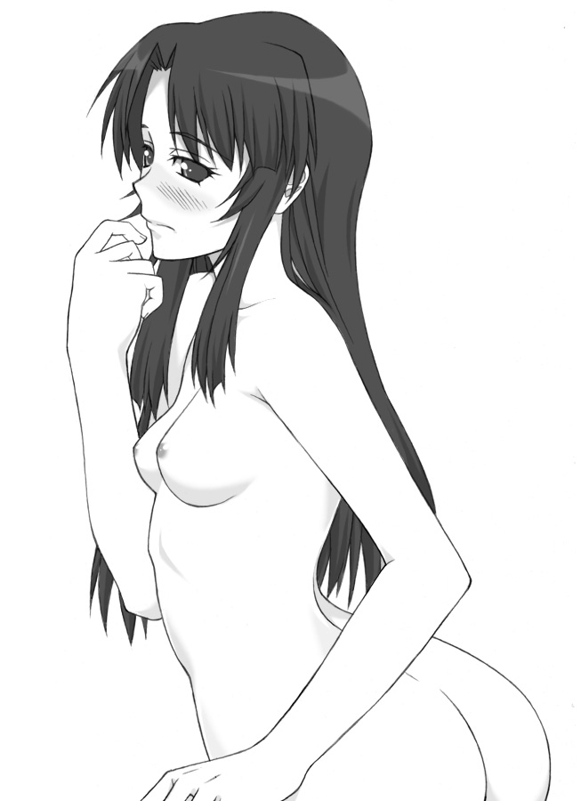 shichimenchou, kashiwagi chizuru, kizuato, 1girl, ass, blush, breasts, female focus, greyscale, long hair, medium breasts, monochrome, nude, simple background, solo