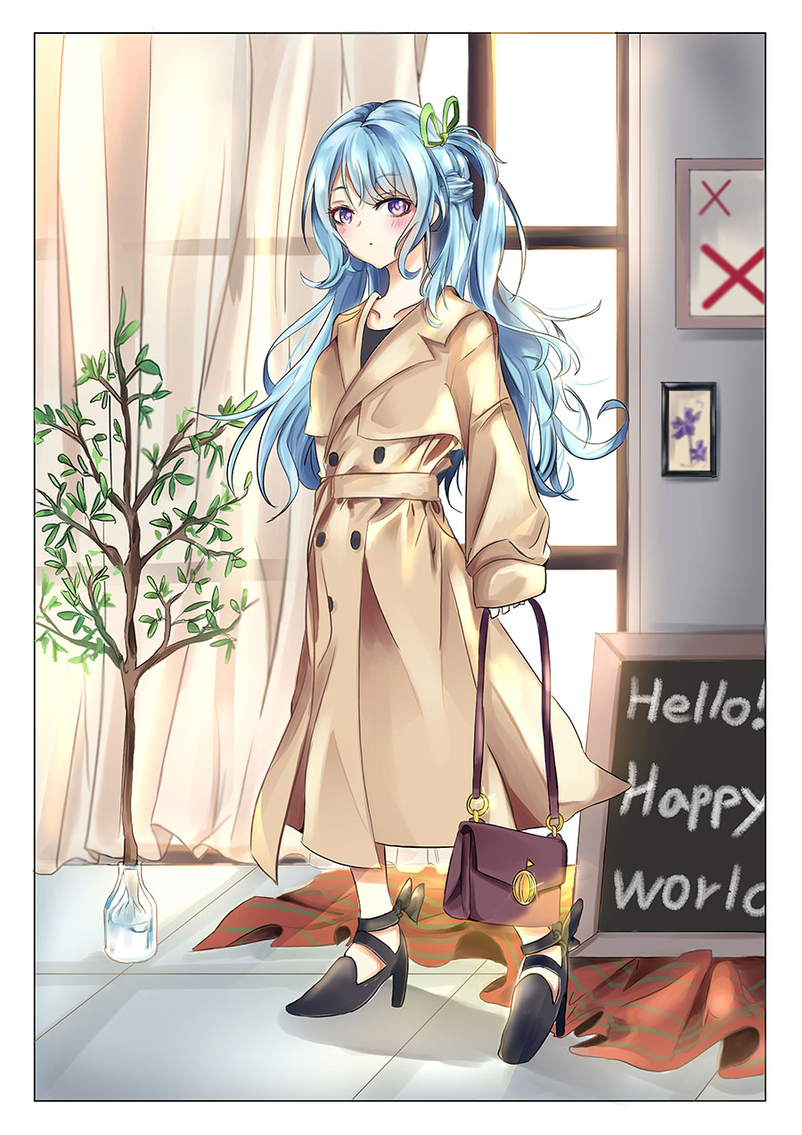 patpang, matsubara kanon, bang dream!, commentary, highres, korean commentary, 1girl, bag, black shoes, blue hair, blush, border, brown coat, chalkboard, closed mouth, coat, green ribbon, hair ribbon, holding, holding bag, indoors, long hair, looking at viewer, one side up, purple eyes, ribbon, shoes, solo, white border