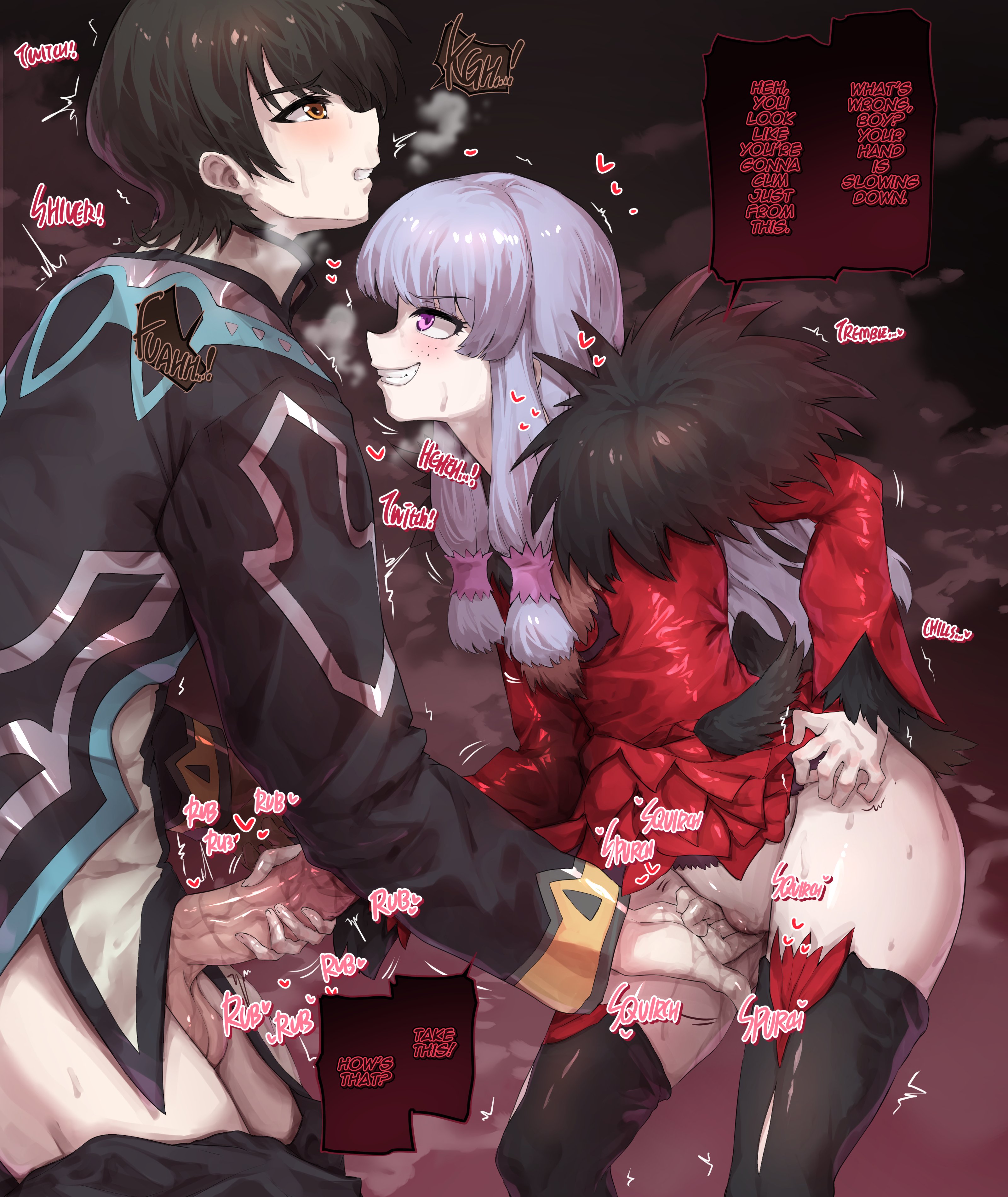 sunnysideup, agria (tales), jude mathis, tales of (series), tales of xillia, absurdres, commission, highres, 1boy, 1girl, black hair, blunt bangs, blush, brown eyes, clenched hand, clenched teeth, clothed masturbation, clothes pull, coat, dialogue box, dress, english text, evil grin, evil smile, fingering, freckles, fur trim, grin, hair rings, handjob, heart, hetero, long hair, long sleeves, looking at another, low-tied sidelocks, masturbation, mutual masturbation, pants, pants pull, penis, purple eyes, pussy, red dress, short hair, sidelocks, smile, sound effects, standing, steam, surcoat, sweat, teeth, thighhighs, trembling, white hair