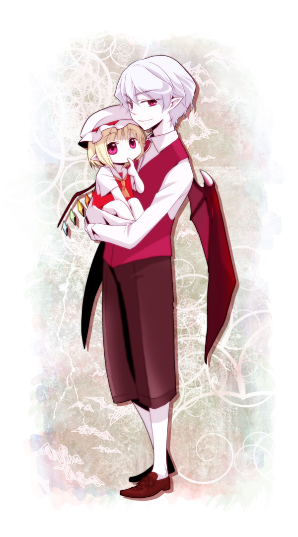 megumiya, flandre scarlet, remilia scarlet, touhou, light purple hair, bad id, bad pixiv id, 2boys, aged down, bat wings, blonde hair, brothers, chibi, child, genderswap, genderswap (ftm), hat, male focus, multiple boys, pants, pointy ears, red eyes, shoes, short hair, siblings, time paradox, wings