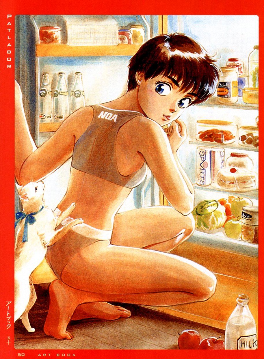 takada akemi, izumi noa, kidou keisatsu patlabor, highres, 1girl, back, barefoot, blue eyes, border, bra, brown hair, cat, feet, female focus, food, grey bra, grey panties, lingerie, looking back, panties, red border, refrigerator, short hair, soles, solo, sports bra, squatting, toes, underwear, underwear only