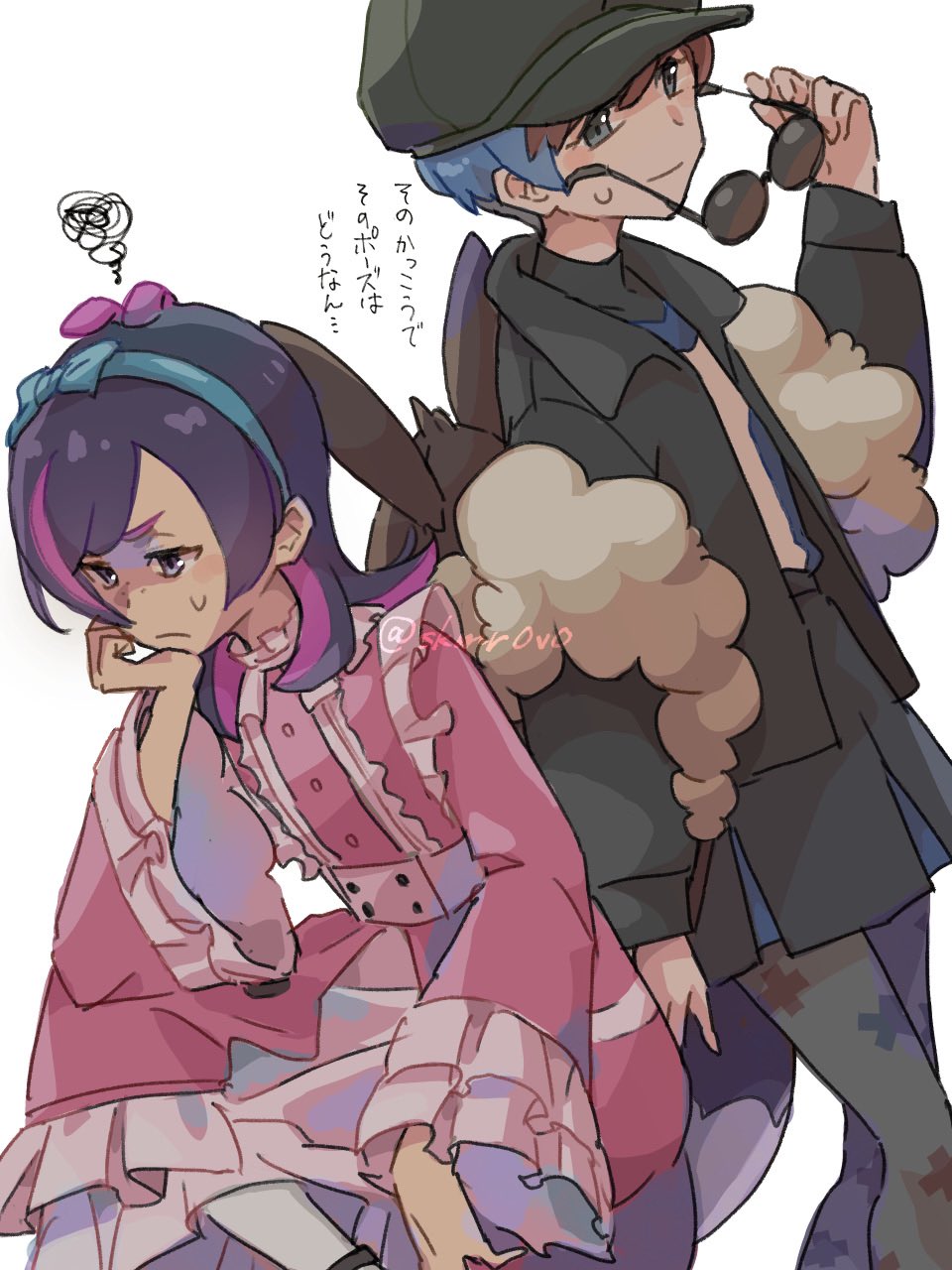 dot (pokemon), penny (pokemon), nintendo, pokemon, pokemon (anime), pokemon horizons, commentary request, highres, 2girls, blue hair, closed mouth, dress, eevee backpack, frilled dress, frills, grey eyes, hair ornament, hair ribbon, holding, holding removed eyewear, long hair, long sleeves, looking at viewer, multicolored hair, multiple girls, pink dress, pink hair, puffy sleeves, purple eyes, purple hair, red hair, ribbon, round eyewear, shirt, shishimori aka, short hair, simple background, sunglasses, sweatdrop, two-tone hair, unworn eyewear, white background