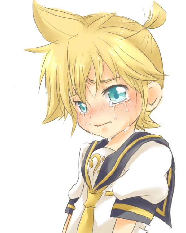 asata, kagamine len, vocaloid, bad id, bad pixiv id, 1boy, blonde hair, blue eyes, male focus, necktie, short hair, simple background, solo, tears, yellow necktie