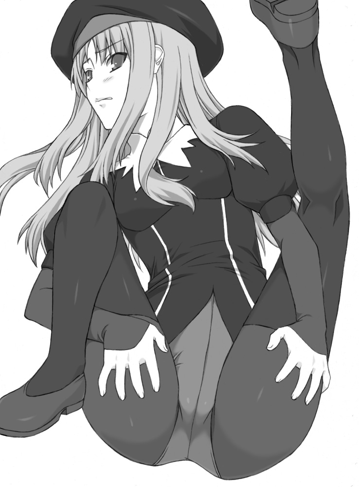 shichimenchou, caren hortensia, fate/hollow ataraxia, fate/stay night, fate (series), 00s, 1girl, crotch seam, female focus, greyscale, hat, layered sleeves, legs up, long hair, monochrome, pantyhose, simple background, solo, thighhighs, thighhighs over pantyhose