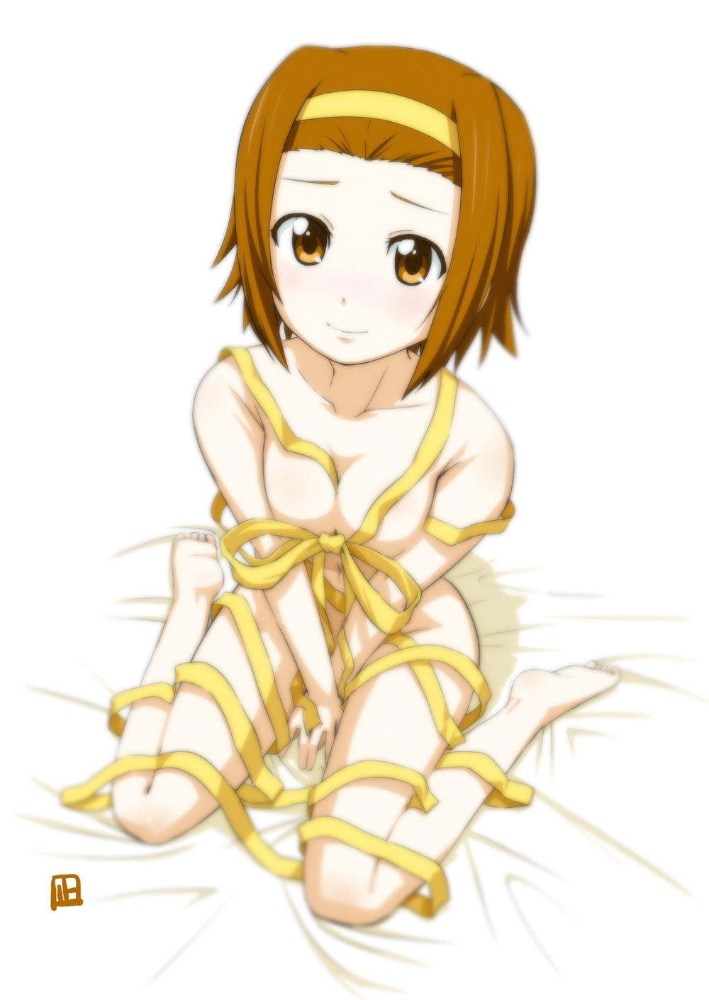 nagian, tainaka ritsu, k-on!, bad id, bad pixiv id, highres, 00s, 1girl, blurry, bow, brown eyes, brown hair, depth of field, female focus, full body, naked ribbon, ribbon, solo