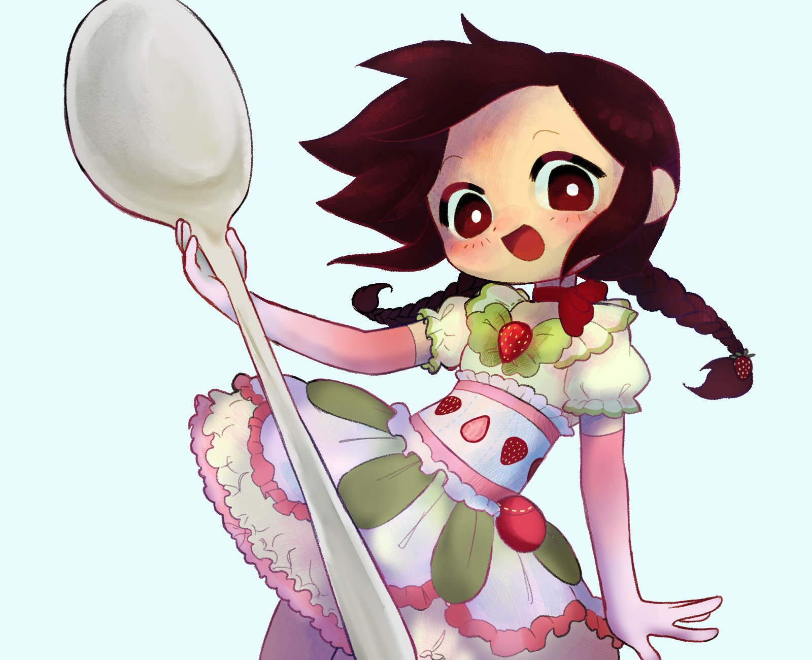 kurai yonaka, funamusea, mogeko castle, commentary, english commentary, highres, 1girl, asa (asagh0st), bow, bow choker, braid, bright pupils, brown eyes, brown hair, choker, dress, food, fruit, green bow, holding, holding spoon, light blush, long hair, looking at viewer, open mouth, oversized object, oversized spoon, pink dress, puffy dress, puffy short sleeves, puffy sleeves, red bow, red choker, short sleeves, simple background, smile, solo, spoon, strawberry, twin braids, upper body, white background, white pupils