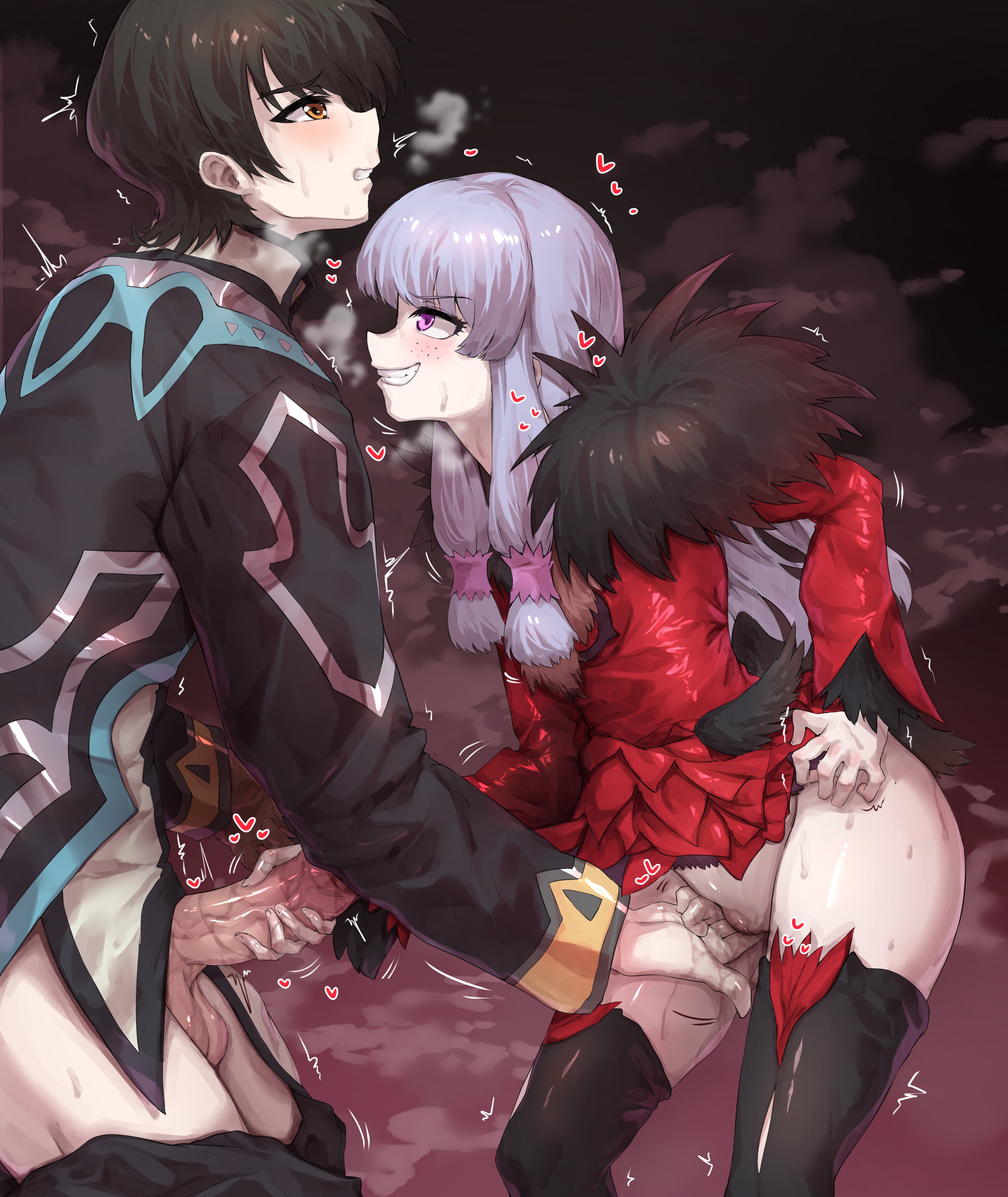 sunnysideup, agria (tales), jude mathis, tales of (series), tales of xillia, absurdres, commentary, commission, english commentary, highres, 1boy, 1girl, black hair, blunt bangs, blush, brown eyes, clenched hand, clenched teeth, clothed masturbation, clothes pull, coat, dress, evil grin, evil smile, fingering, freckles, fur trim, grin, hair rings, handjob, heart, hetero, long hair, long sleeves, looking at another, low-tied sidelocks, masturbation, mutual masturbation, pants, pants pull, penis, purple eyes, pussy, red dress, short hair, sidelocks, smile, standing, steam, surcoat, sweat, teeth, thighhighs, trembling, white hair