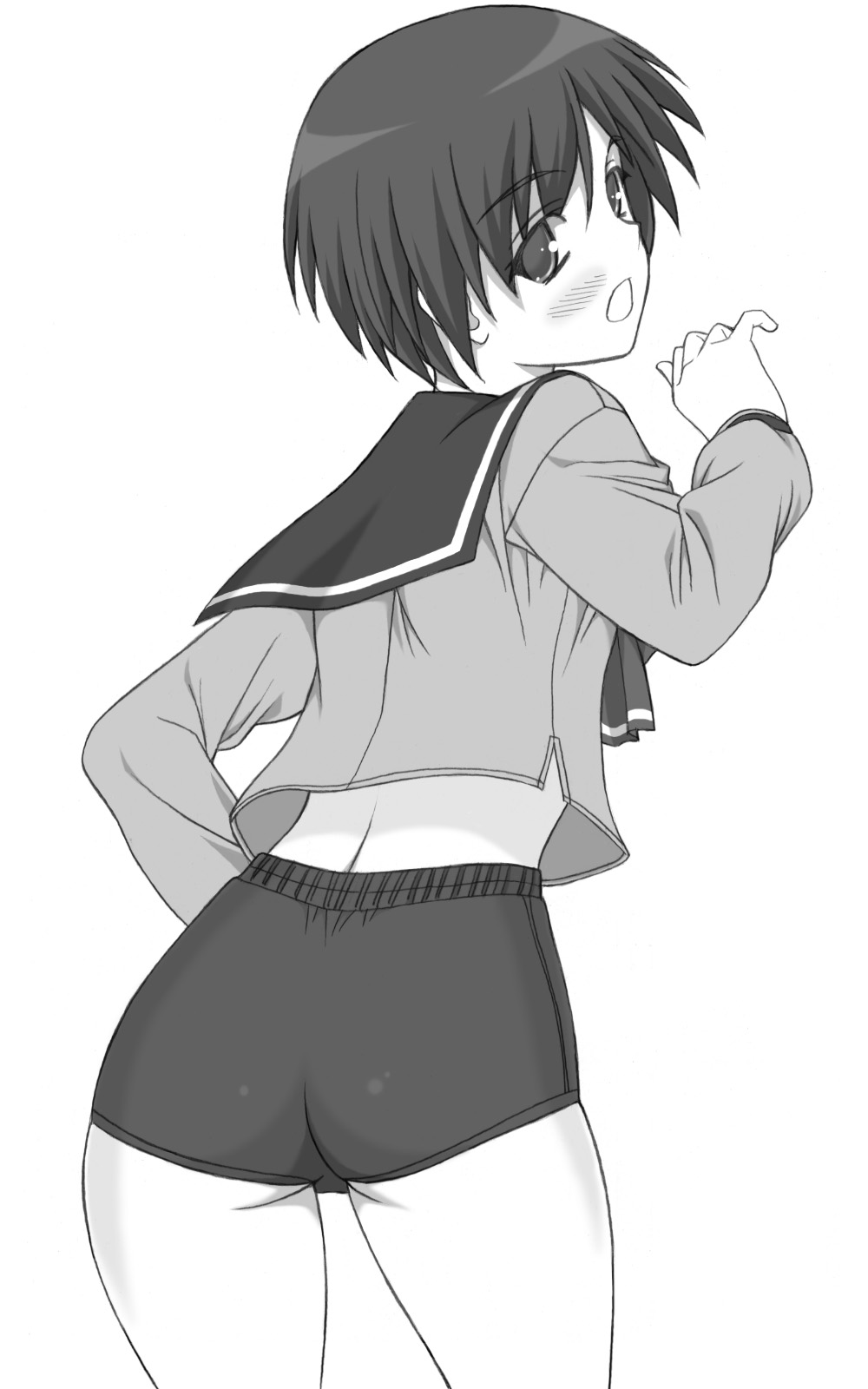 shichimenchou, matsubara aoi, to heart, to heart (series), highres, 1girl, ass, blush, buruma, female focus, greyscale, looking back, monochrome, school uniform, short hair, simple background, solo