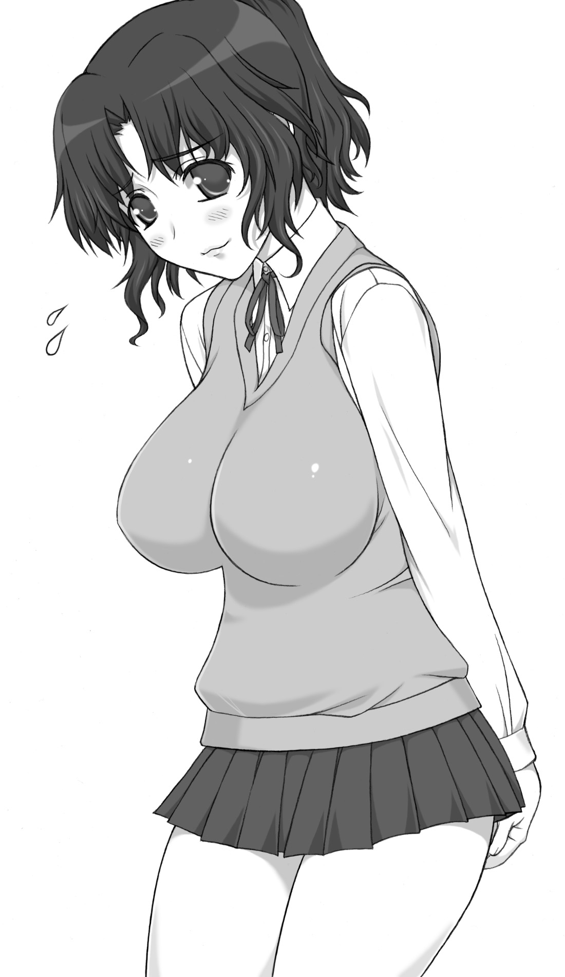 shichimenchou, yuzuhara haruka, to heart, to heart (series), highres, 1girl, blush, breasts, female focus, greyscale, huge breasts, monochrome, school uniform, simple background, solo