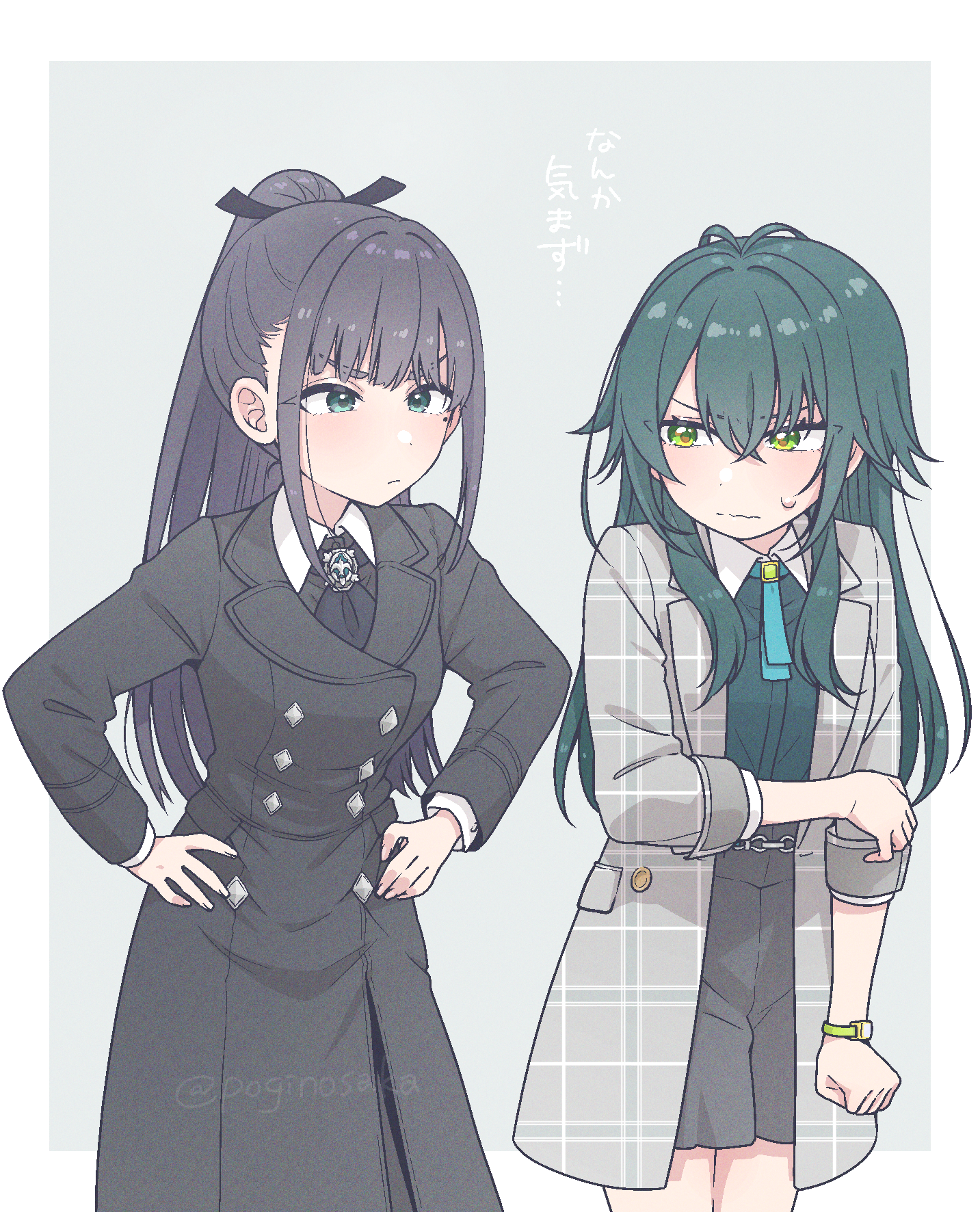 pogii, amaya tsubame, tsukimura temari, gakuen idolmaster, idolmaster, commentary request, highres, 2girls, :|, antenna hair, black coat, black hair, black skirt, border, closed mouth, coat, green hair, green shirt, grey coat, hair flaps, hands on own hips, high ponytail, looking at another, multiple girls, ponytail, shirt, sidelocks, simple background, skirt, straight hair, sweatdrop, twitter username, white background, white border