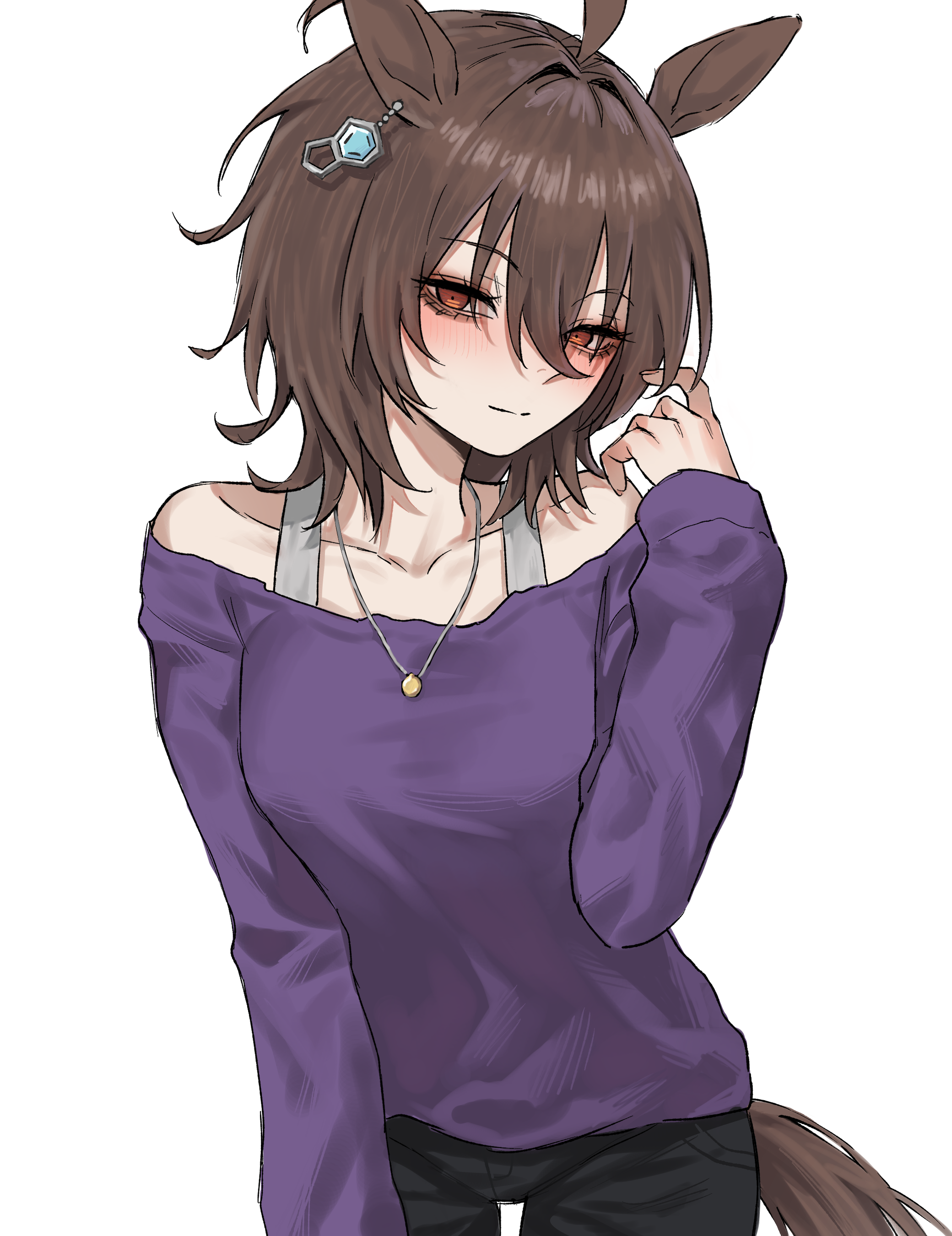 tyrezal, agnes tachyon (casual) (umamusume), agnes tachyon (umamusume), umamusume, absurdres, commentary, english commentary, highres, 1girl, ahoge, animal ears, black pants, blush, brown hair, casual, collarbone, cowboy shot, ear tag, fingernails, hair between eyes, horse ears, horse girl, horse tail, jewelry, light smile, long sleeves, looking at viewer, necklace, off-shoulder shirt, off shoulder, official alternate costume, pants, purple shirt, shirt, simple background, solo, tail, white background