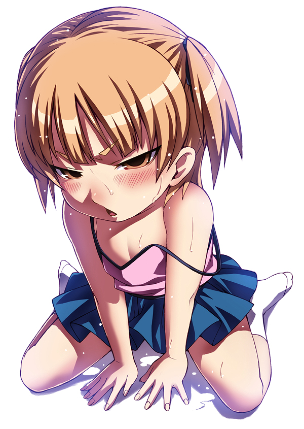 tasaka shinnosuke, marui mitsuba, mitsudomoe (manga), 1girl, brown hair, camisole, feet, female focus, flat chest, kneeling, loli, simple background, socks, solo, strap slip, sweat, two side up, white background, white socks