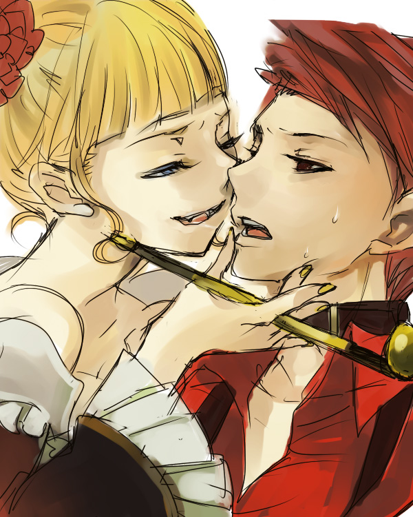 gm, beatrice (umineko), ushiromiya battler, umineko no naku koro ni, bad id, bad pixiv id, 00s, 1boy, 1girl, blonde hair, blue eyes, fangs, frills, hetero, kiseru, molestation, red hair, smile, smoking pipe, sweat