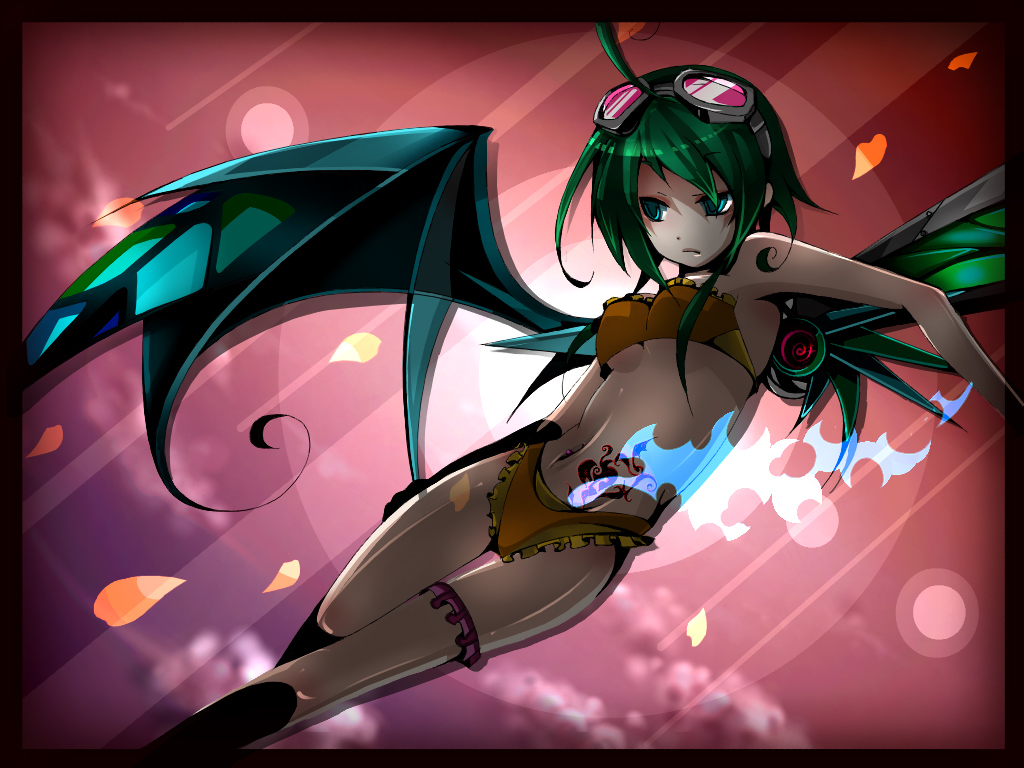 hach, gumi, vocaloid, bad id, bad pixiv id, 1girl, ahoge, bat wings, bikini, breasts, female focus, frilled thigh strap, goggles, goggles on head, green eyes, green hair, matching hair/eyes, mechanical wings, petals, short hair, solo, swimsuit, tattoo, thigh strap, underboob, wings
