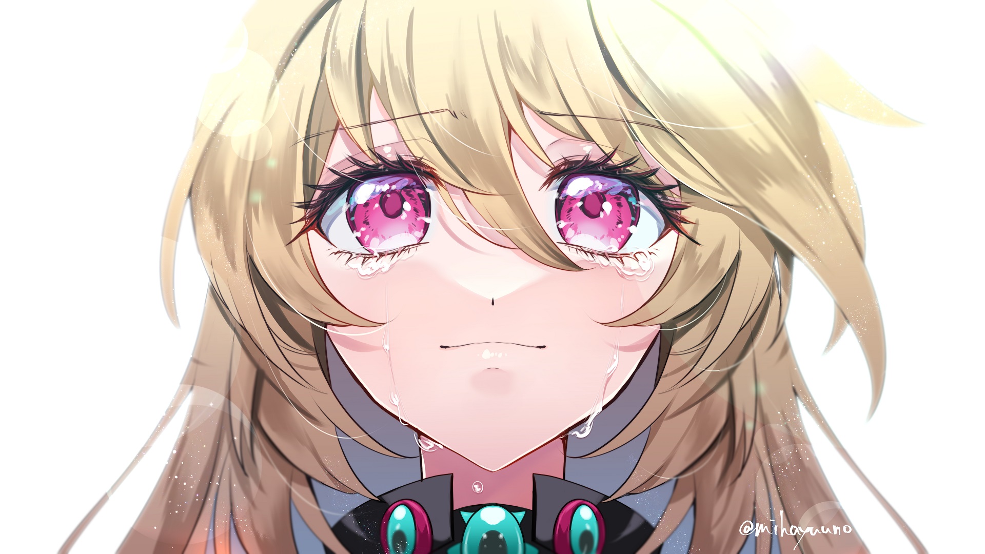 mihayuuno, milla maxwell, tales of (series), tales of xillia, commentary, commentary request, english commentary, highres, mixed-language commentary, 1girl, artist name, blonde hair, close-up, closed mouth, crying, eyelashes, hair between eyes, happy tears, pink eyes, pink pupils, solo, streaming tears, tears, twitter username, upper body, white background