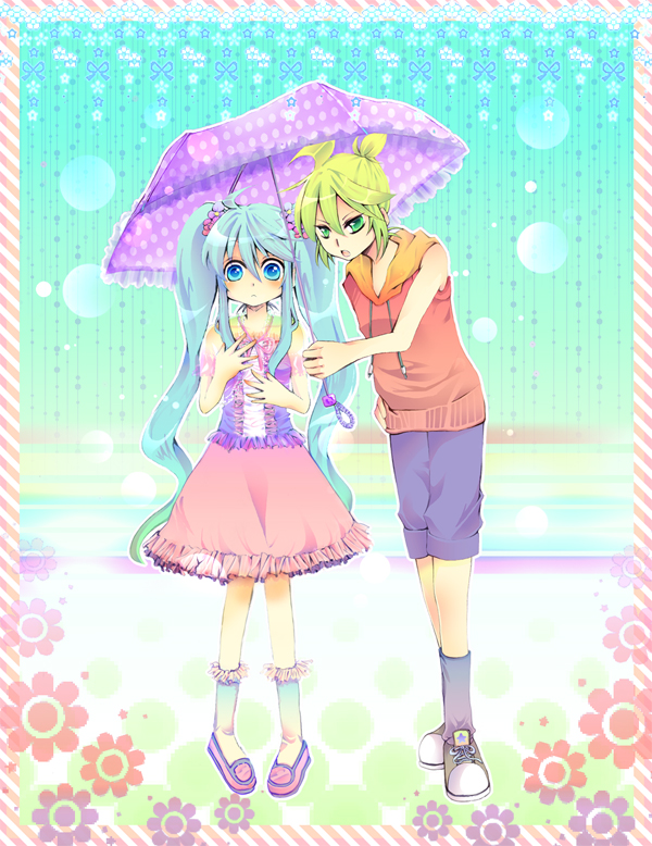 amasaki kirame, hatsune miku, kagamine len, melt (vocaloid), vocaloid, bad id, bad pixiv id, 1boy, 1girl, ahoge, aqua eyes, aqua hair, blonde hair, casual, green eyes, holding, holding umbrella, long hair, short hair, skirt, socks, twintails, umbrella