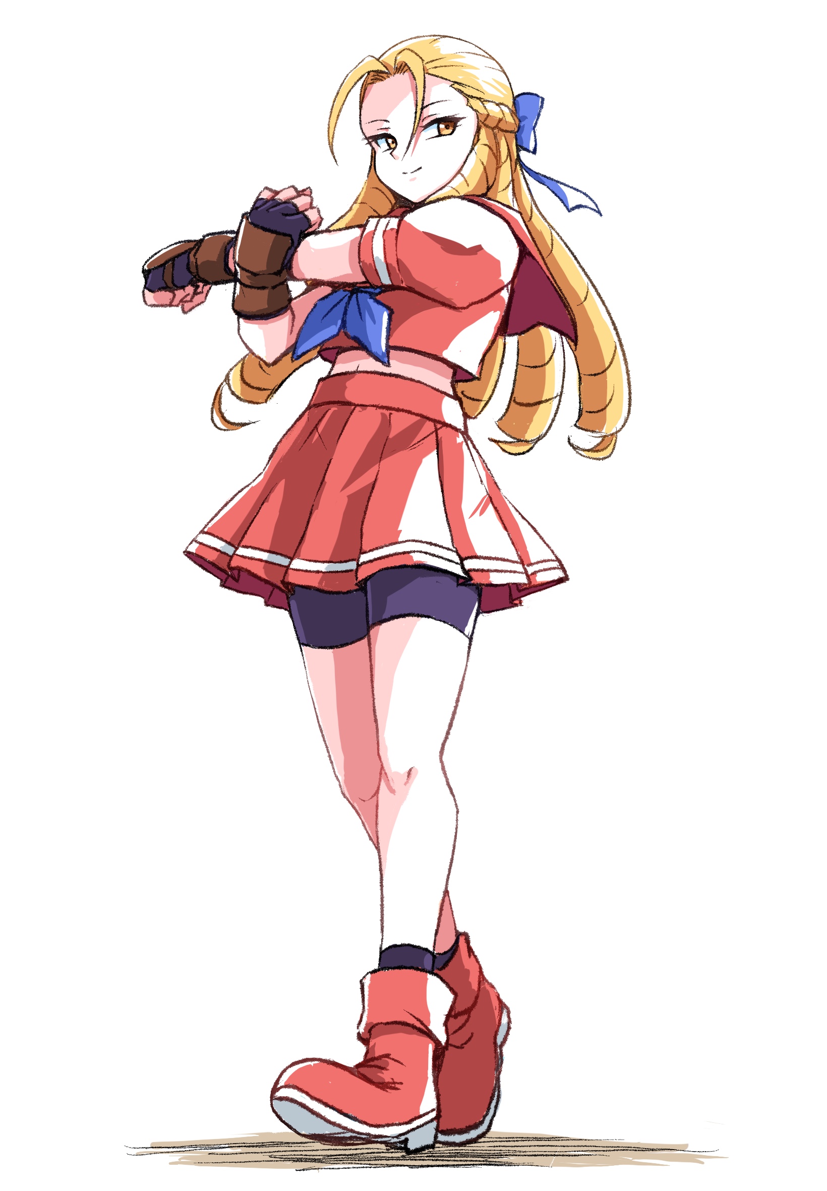 ikaringo (ikaringo4444), kanzuki karin, street fighter, commentary request, highres, 1girl, antenna hair, bike shorts, bike shorts under skirt, black gloves, black shorts, black socks, blonde hair, blue bow, blue neckerchief, bow, closed mouth, drill hair, fingerless gloves, full body, gloves, hair bow, long hair, looking to the side, midriff, neckerchief, pleated skirt, puffy short sleeves, puffy sleeves, red shirt, red shoes, red skirt, school uniform, shirt, shoes, short sleeves, shorts, skirt, smile, socks, solo, white background, yellow eyes