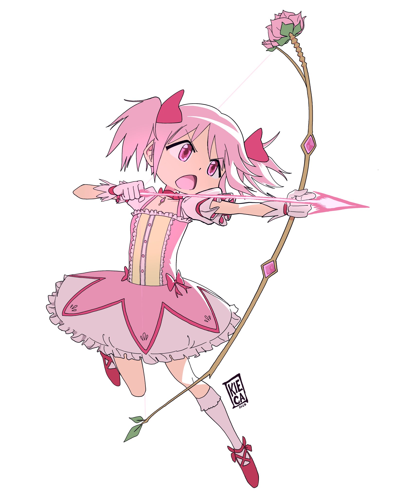 kiecaburn, kaname madoka, kaname madoka (magical girl), mahou shoujo madoka magica, mahou shoujo madoka magica (anime), commentary, commentary request, english commentary, highres, 1girl, arrow (projectile), artist logo, bow, bow (weapon), drawing bow, dress, dress bow, frown, full body, gloves, holding, holding bow (weapon), holding weapon, logo, magical girl, open mouth, pink dress, pink eyes, pink hair, puffy short sleeves, puffy sleeves, red shoes, shoes, short sleeves, short twintails, simple background, socks, solo, twintails, weapon, white background, white gloves, white socks