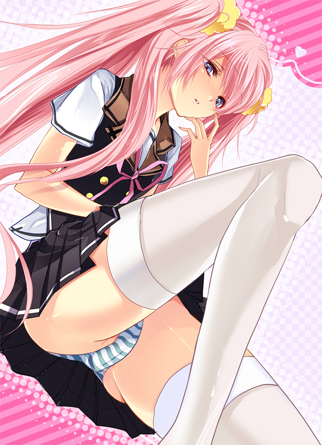 yu (bkks), original, bad id, bad pixiv id, 1girl, blue eyes, female focus, long hair, panties, pink hair, school uniform, solo, striped clothes, striped panties, thighhighs, twintails, underwear