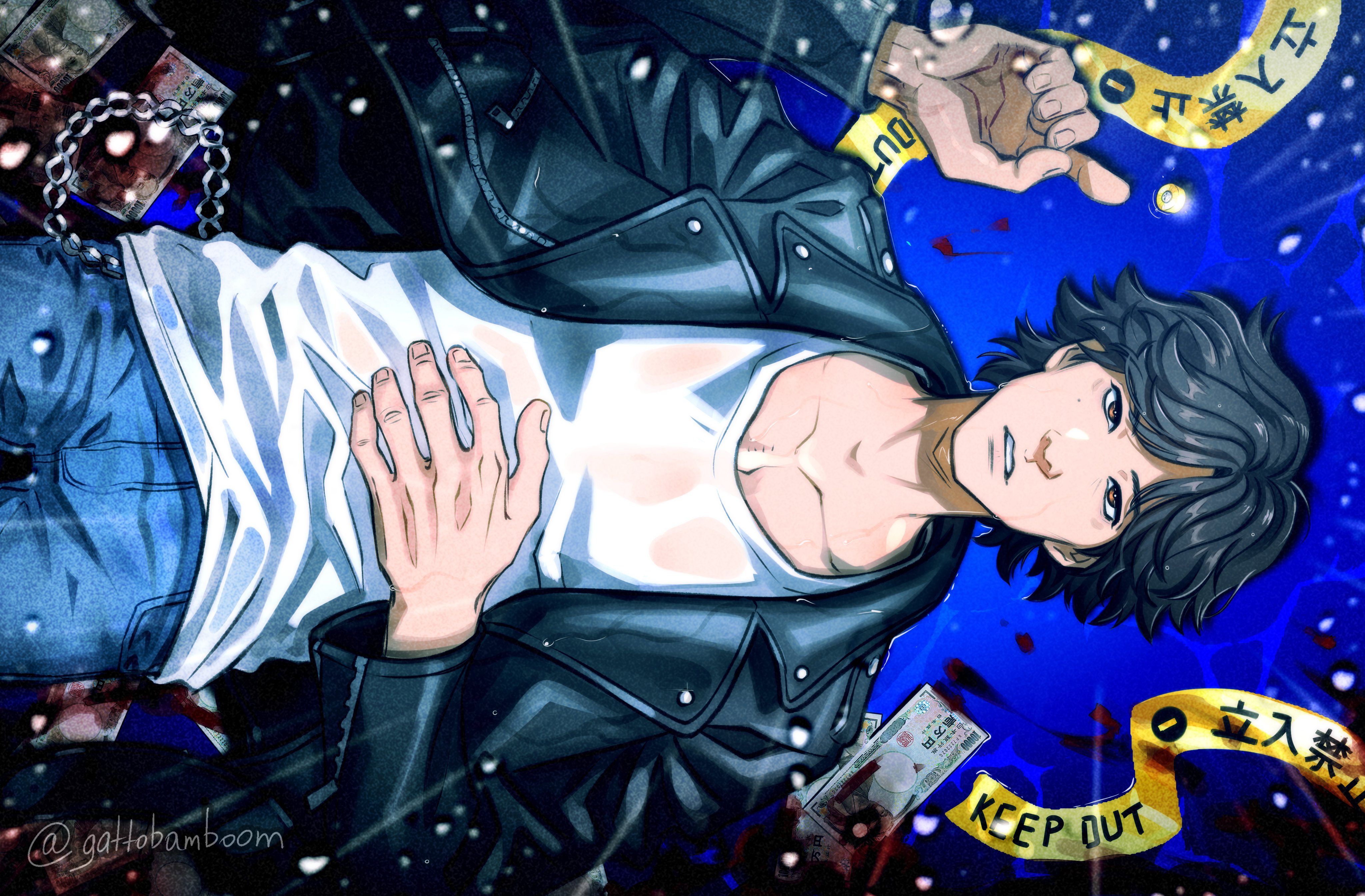teppn (gattobamboom), yagami takayuki, judge eyes, absurdres, highres, 1boy, banknote, black hair, black jacket, blood, blood splatter, brown eyes, caution tape, denim, jacket, jeans, leather, leather jacket, lying, male focus, money, on back, pants, partially submerged, rain, see-through clothes, see-through shirt, shirt, solo, wet, wet clothes, wet shirt, white shirt, yen