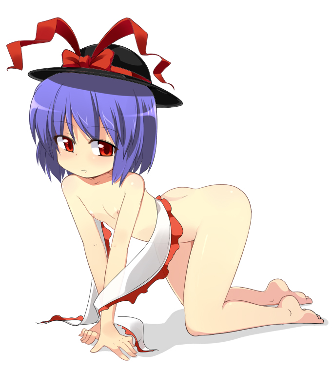 mamo williams, nagae iku, touhou, 1girl, aged down, all fours, barefoot, feet, female focus, flat chest, hat, loli, nude, purple hair, red eyes, scarf, shawl, short hair, solo