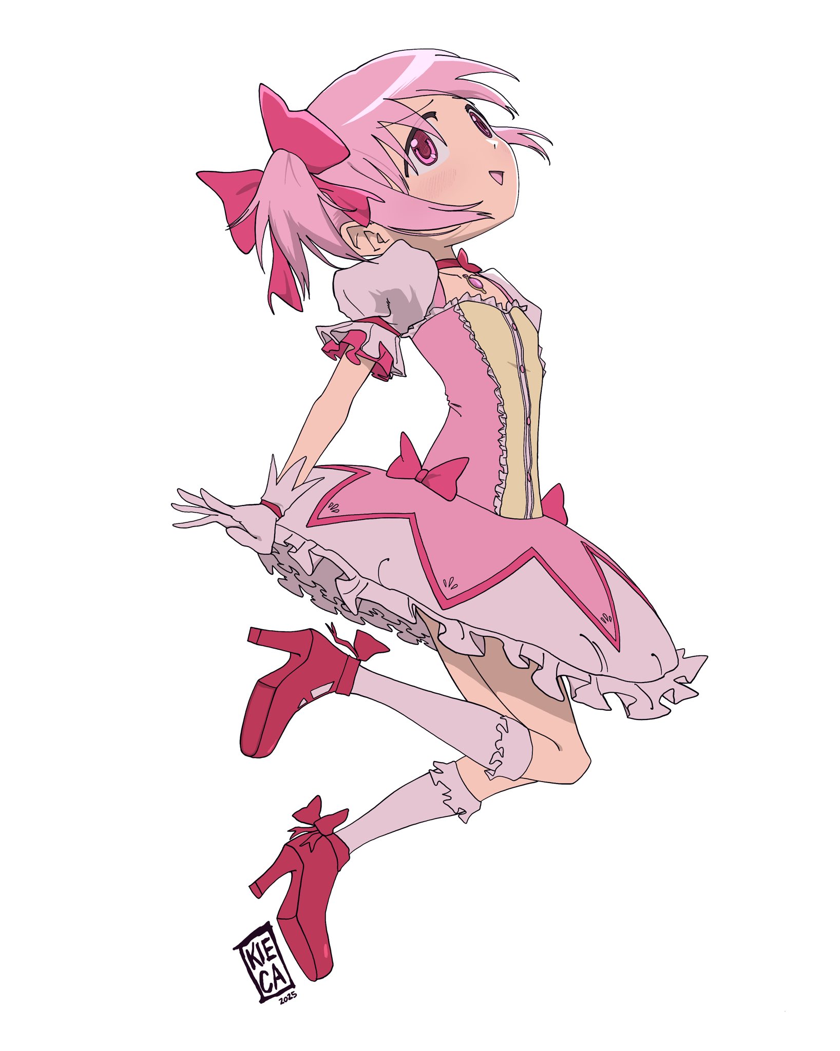 kiecaburn, kaname madoka, kaname madoka (magical girl), mahou shoujo madoka magica, mahou shoujo madoka magica (anime), commentary, english commentary, highres, 1girl, artist logo, bow, collarbone, dress, dress bow, from side, full body, gloves, high heels, kneehighs, logo, looking up, magical girl, open mouth, pink dress, pink eyes, pink hair, puffy short sleeves, puffy sleeves, red shoes, shoes, short sleeves, short twintails, socks, solo, soul gem, twintails, white gloves, white socks