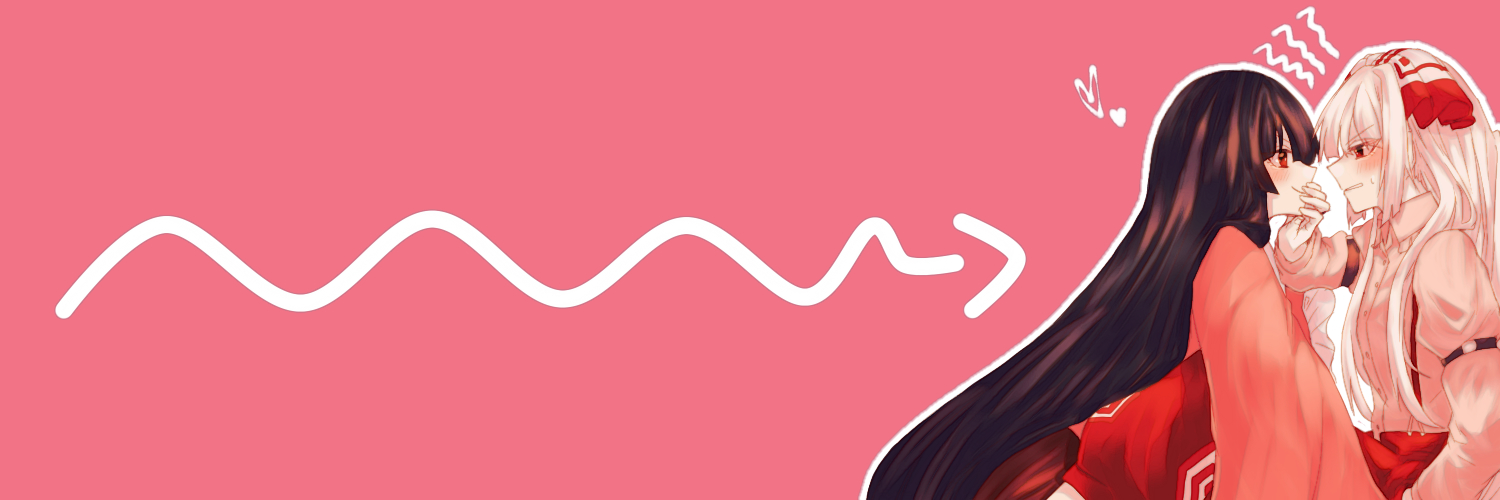 somei ooo, fujiwara no mokou, houraisan kaguya, touhou, commentary request, 2girls, arrow (symbol), black hair, blush, covering another's mouth, heart, long hair, long sleeves, multiple girls, outline, pink background, pink shirt, profile, shirt, simple background, smile, straight hair, suspender pants, sweatdrop, very long hair, white hair, white outline, white shirt, yuri