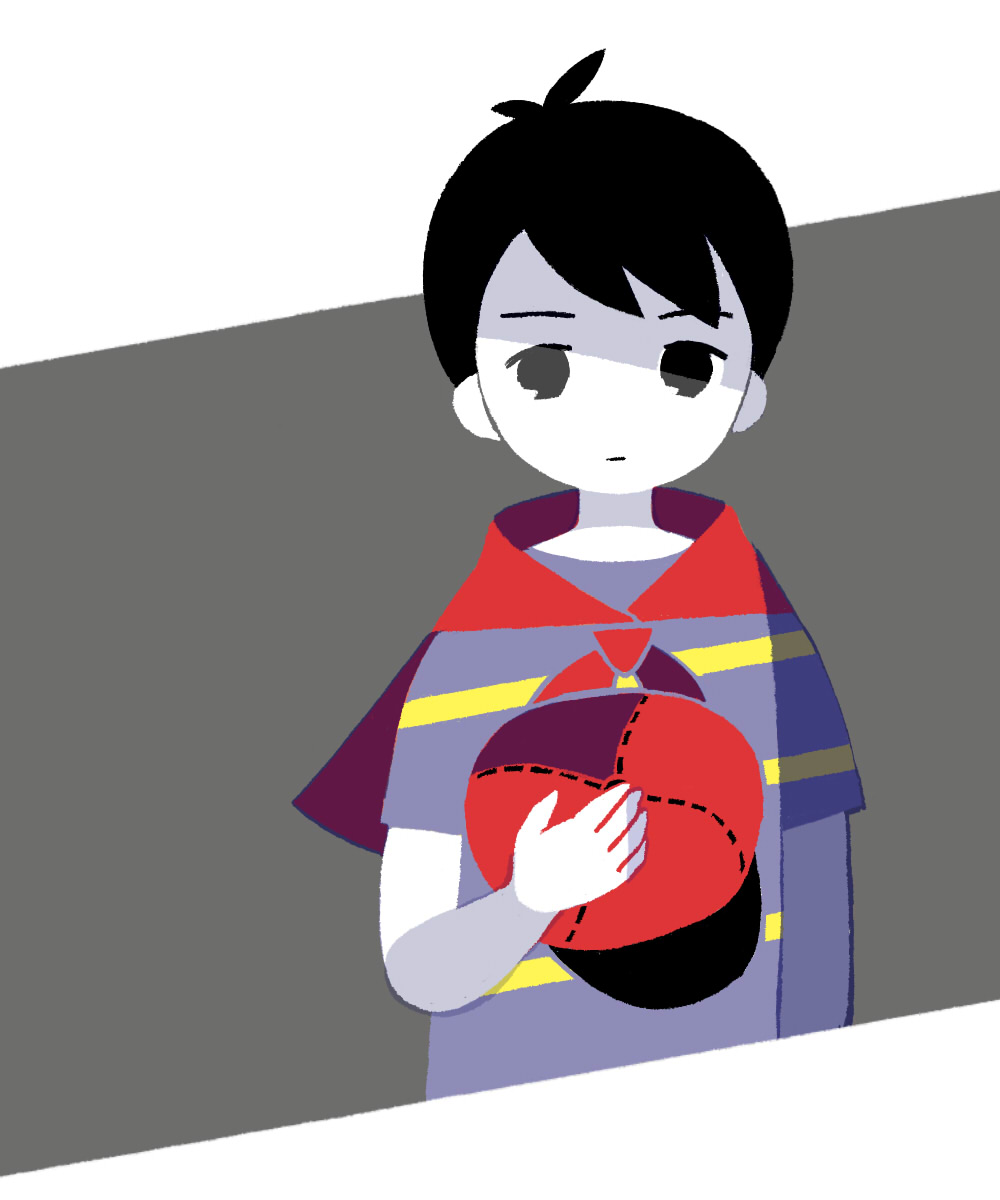 tanba (tanba-art), ninten, mother (series), mother 1, nintendo, commentary request, highres, 1boy, baseball cap, black eyes, black hair, closed mouth, expressionless, hat, holding, holding unworn clothes, holding unworn hat, limited palette, looking at viewer, male focus, neckerchief, no nose, red neckerchief, shaded face, shirt, short hair, short sleeves, solo, striped clothes, striped shirt, unworn hat, unworn headwear