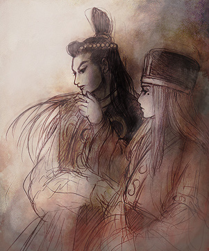 macha (artist), jia xu, xun yu, ravages of time, lowres, 2boys, chinese clothes, hanfu, hat, headdress, mole, mole under eye, multiple boys, topknot