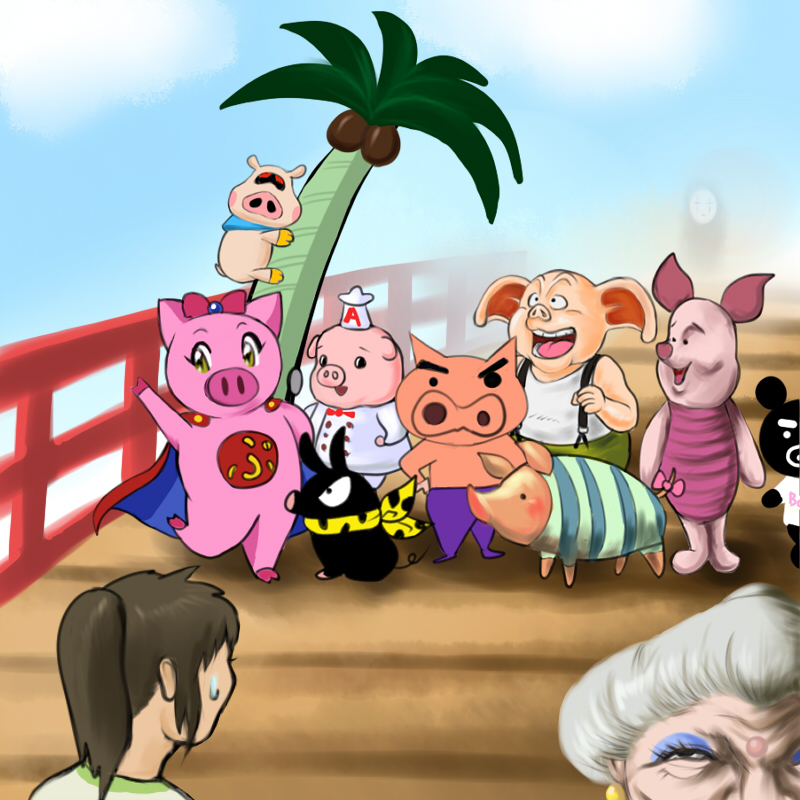 bosatu, buriburizaemon, buurin, buurin (tonde buurin), hibiki ryouga, kaonashi, kobuta-kun, ogino chihiro, oolong, p-chan, piglet (winnie the pooh), poogie, yubaba, acecook, capcom, crayon shin-chan, dragon ball, monster hunter (series), ranma 1/2, sen to chihiro no kamikakushi, studio ghibli, time bokan (series), tonde buurin, winnie the pooh, yatterman, annotated, annotation request, 2girls, bridge, chef hat, child, crossover, faceless, from behind, hat, multiple girls, palm tree, parody, pig, ponytail, sweatdrop, tree