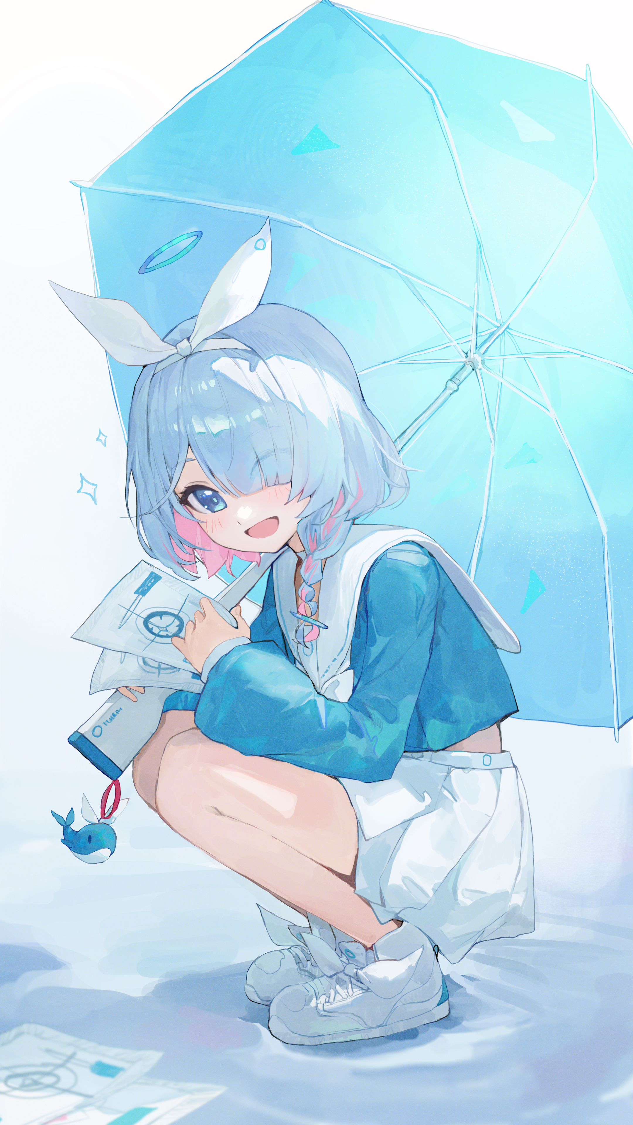 jianjia, arona (blue archive), blue archive, absurdres, commentary request, highres, partial commentary, 1girl, aqua shirt, aqua umbrella, bare legs, blue hair, blush, braid, colored inner hair, cropped shirt, envelope, hair over one eye, hairband, halo, holding, holding envelope, holding umbrella, looking at viewer, midriff peek, multicolored hair, pink hair, pleated skirt, sailor collar, school uniform, serafuku, shirt, shoes, short hair, single braid, skirt, smile, sneakers, solo, sparkle, squatting, two-tone hair, umbrella, white hairband, white sailor collar, white shoes, white skirt