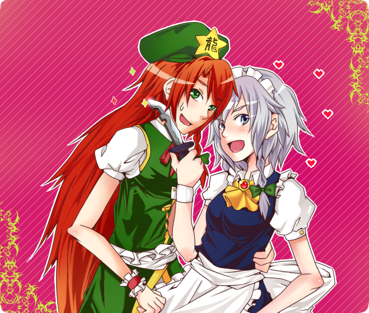 katakura nayuuki, hong meiling, izayoi sakuya, embodiment of scarlet devil, touhou, silver hair, bad id, bad pixiv id, 2girls, blue eyes, braid, china dress, chinese clothes, dress, female focus, green eyes, hat, knife, long hair, multiple girls, red hair, short hair, throwing knife, twin braids, weapon