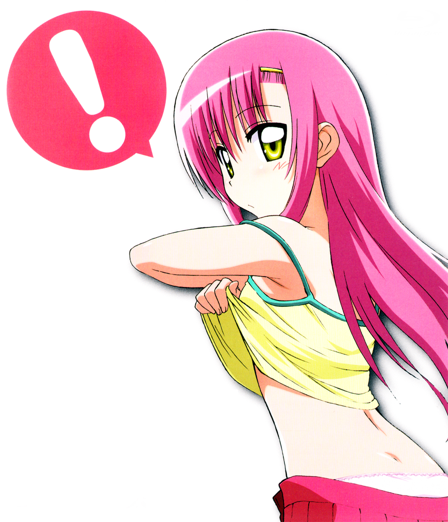 katsura hinagiku, hayate no gotoku!, highres, !, 00s, blush, clothes lift, hair ornament, hairclip, long hair, looking back, panties, pink hair, shirt lift, solo, underwear, undressing, yellow eyes